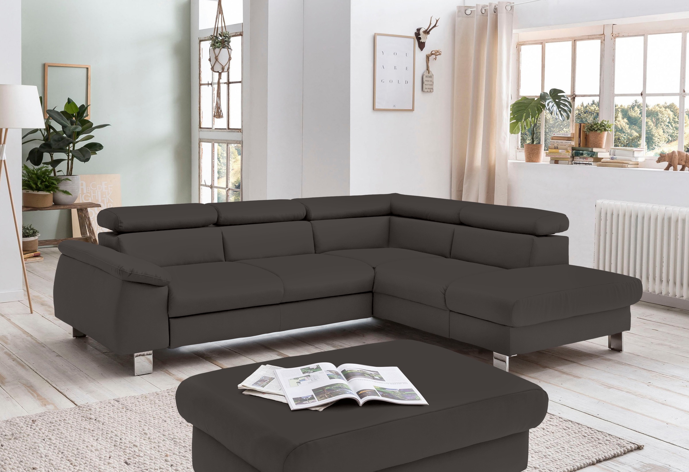 COTTA Ecksofa »Komaris L-Form mit Kopfteilverstellung«, wahlweise mit Bettfunktion, Bettkasten & Beleuchtung