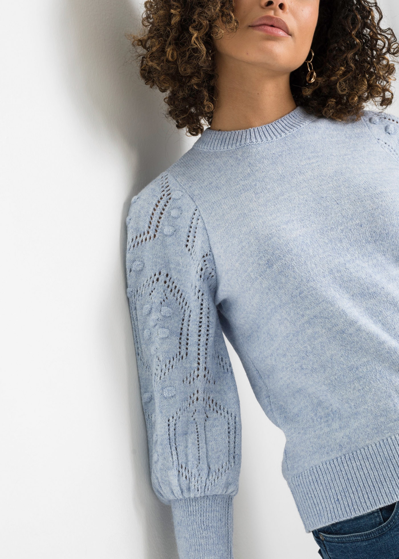 bonprix Strickpullover Ballonärmel mit tollem Ajourmuster und extra breitem Strickbündchen