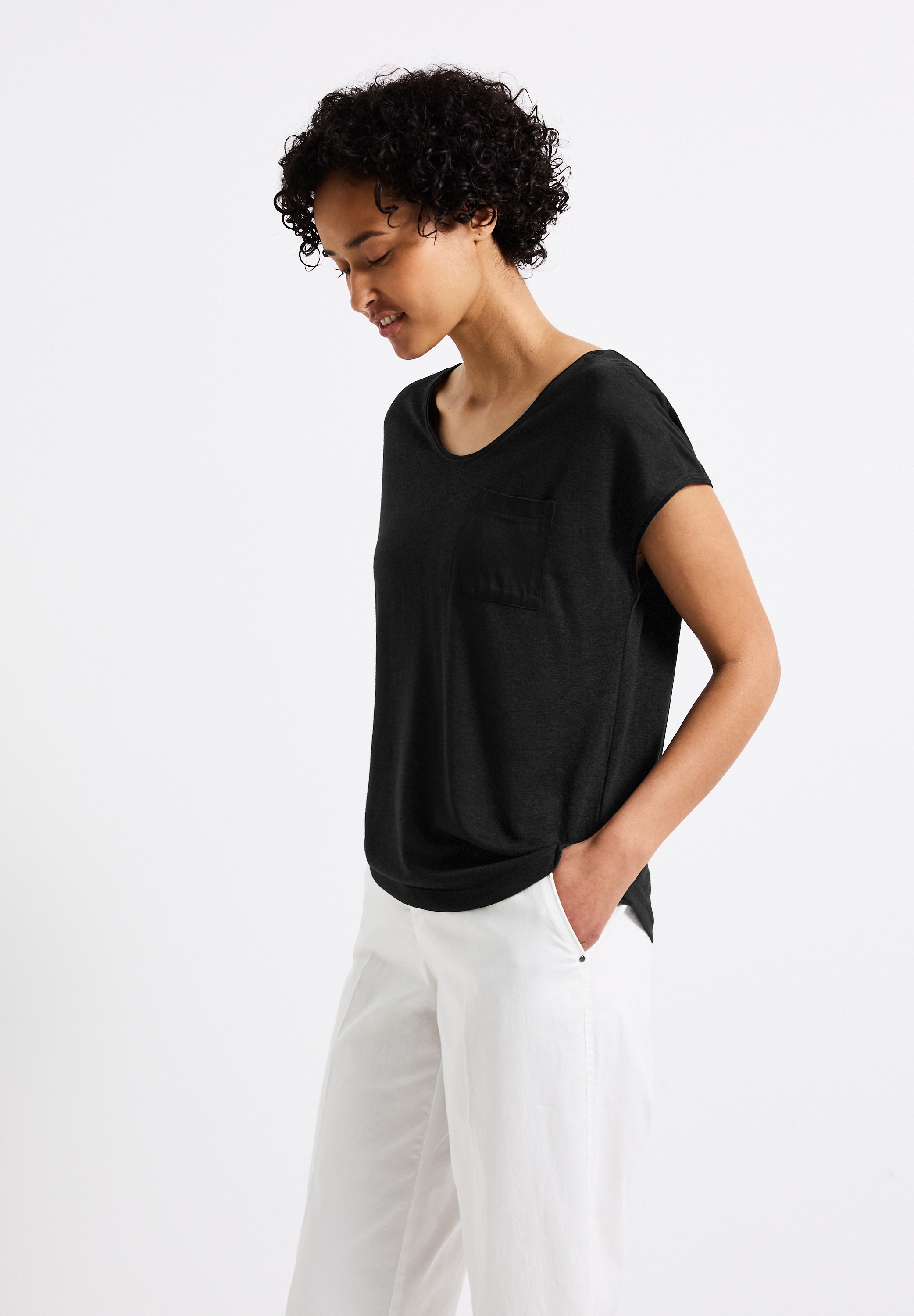 STREET ONE T-Shirt, im Leinen-Look und mit Brusttasche+ö günstig online kaufen