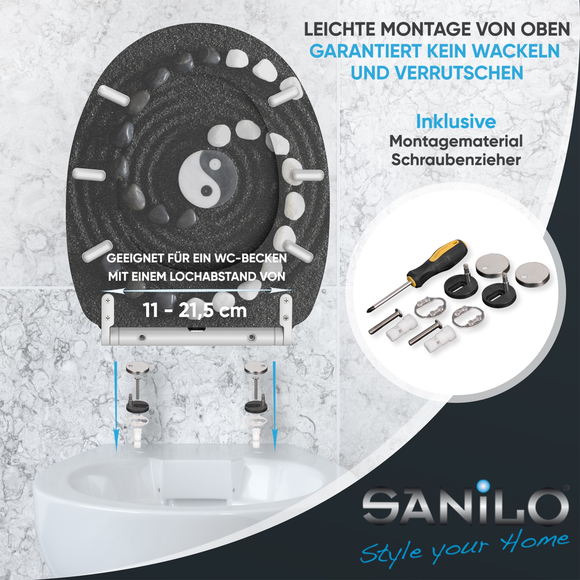Sanilo WC-Sitz »Yin Yang mit Absenkautomatik & Quick Release« Premium Toilettendeckel, abnehmbar, leichte Montage von oben