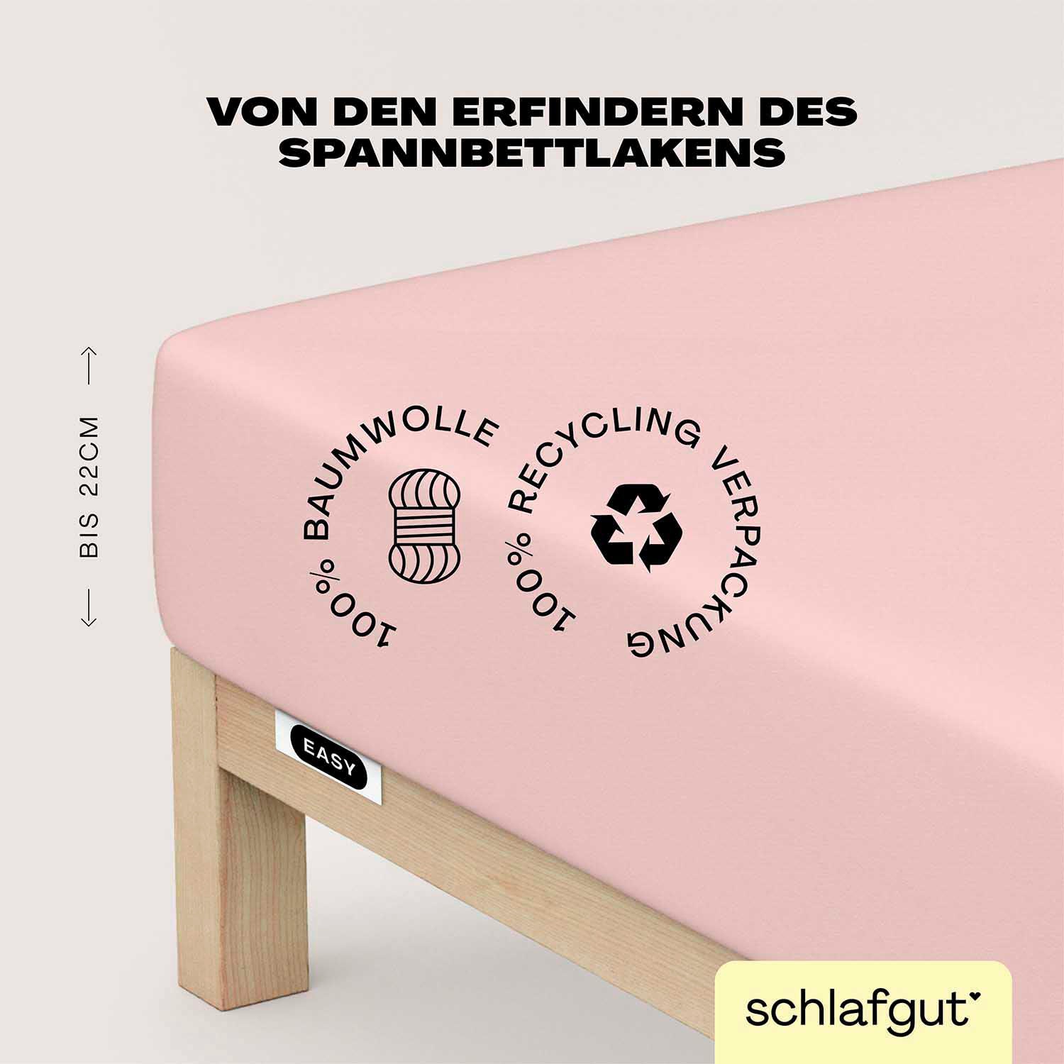 Schlafgut Spannbettlaken "EASY JERSEY Bettlaken, 150 g/m², 100% Baumwolle, Spannbetttuch" Spannbettlaken bis 22 cm Höhe, bügelfrei, pflegeleicht, perfekter Sitz