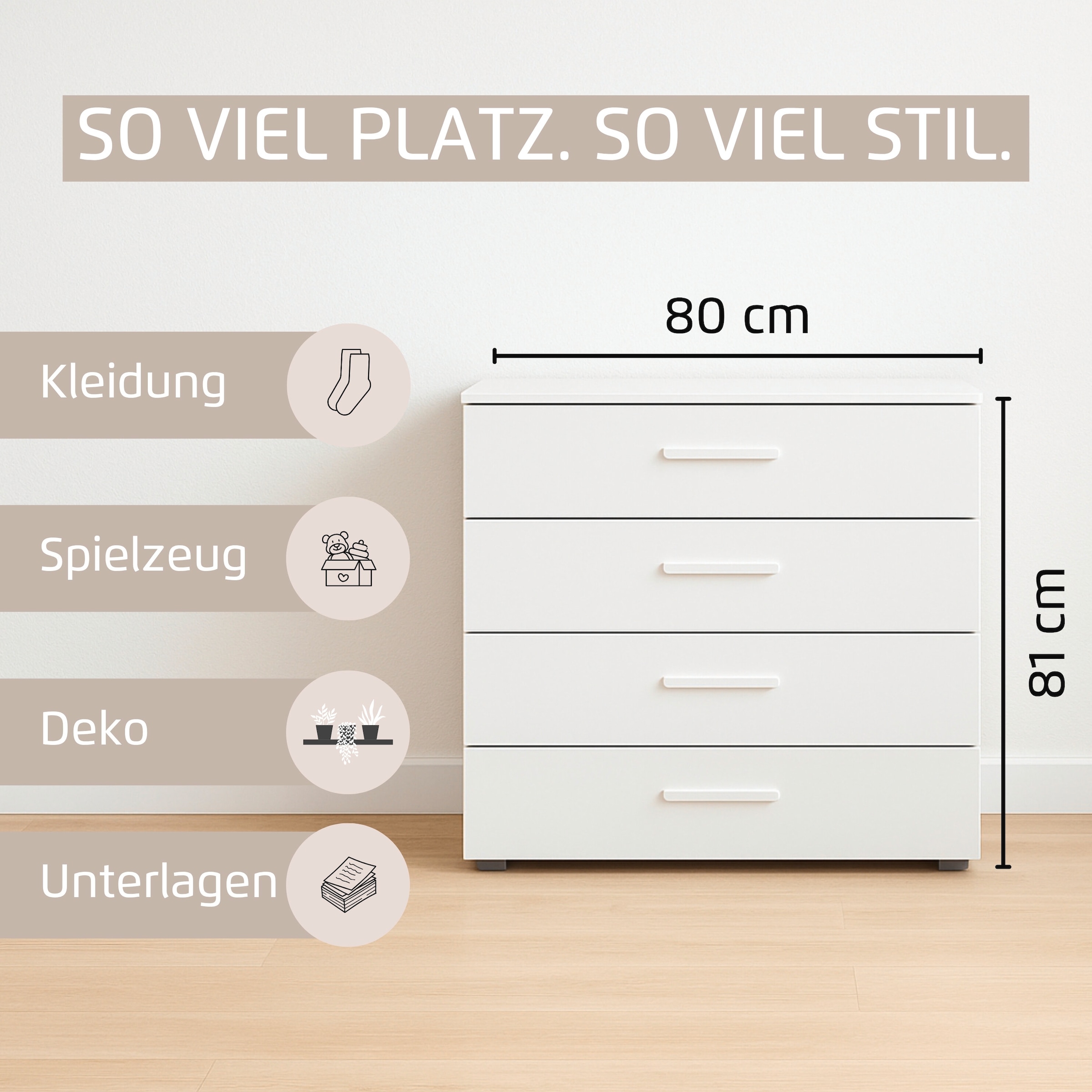 rauch Schubkastenkommode »Sideboard Schubladenkommode OTELI mit Dekor- und Hochglanzfront« Breite 80 cm inkl. Soft-Close-Funktion,  vier große und geräumige Schubladen mit viel Stauraum MADE IN GERMANY