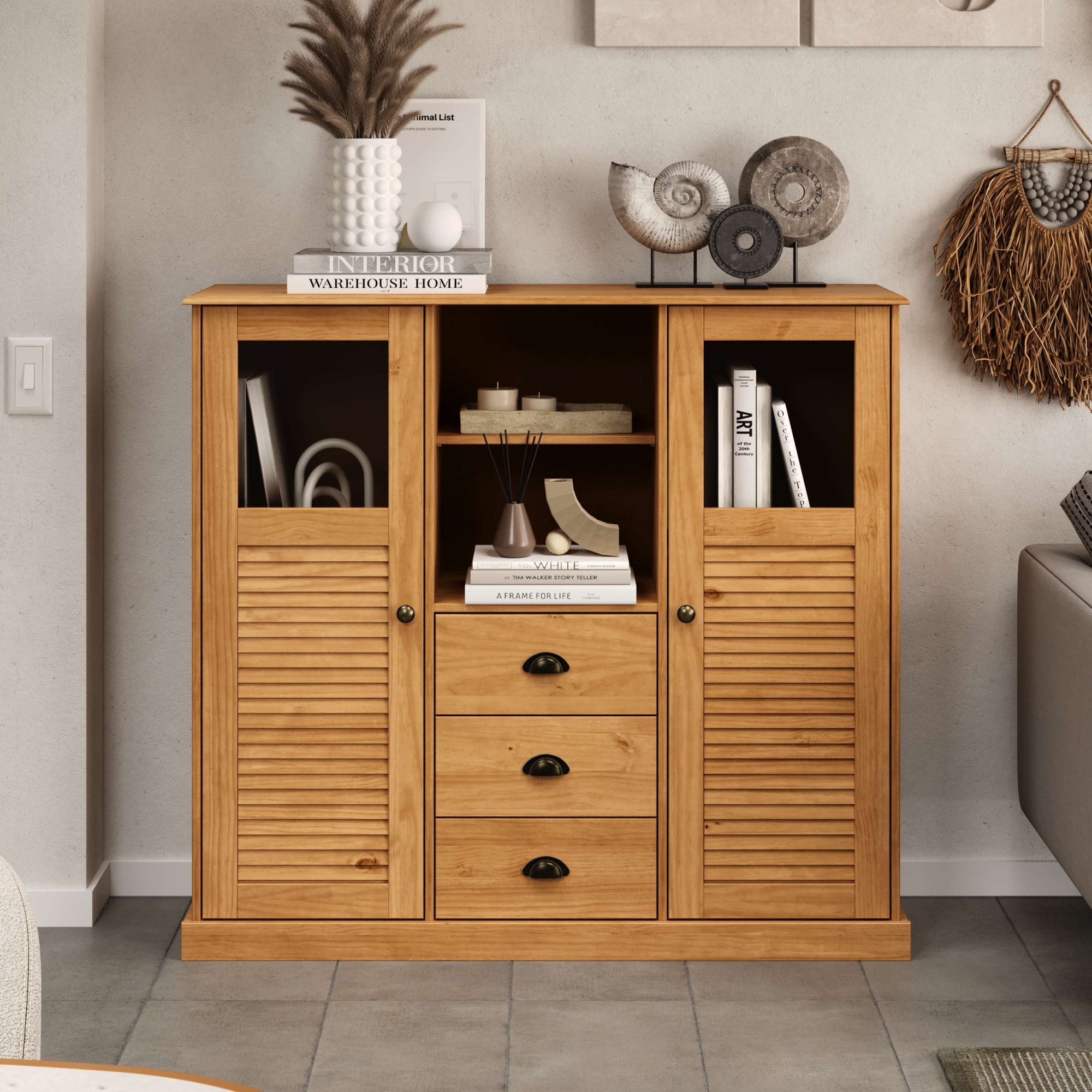 OTTO home Highboard »Turia, mit Glas- und Lamellentüren« Vitrine/Midischrank/Kommode, aus massivem Kiefernholz, FSC®, B: 127 cm