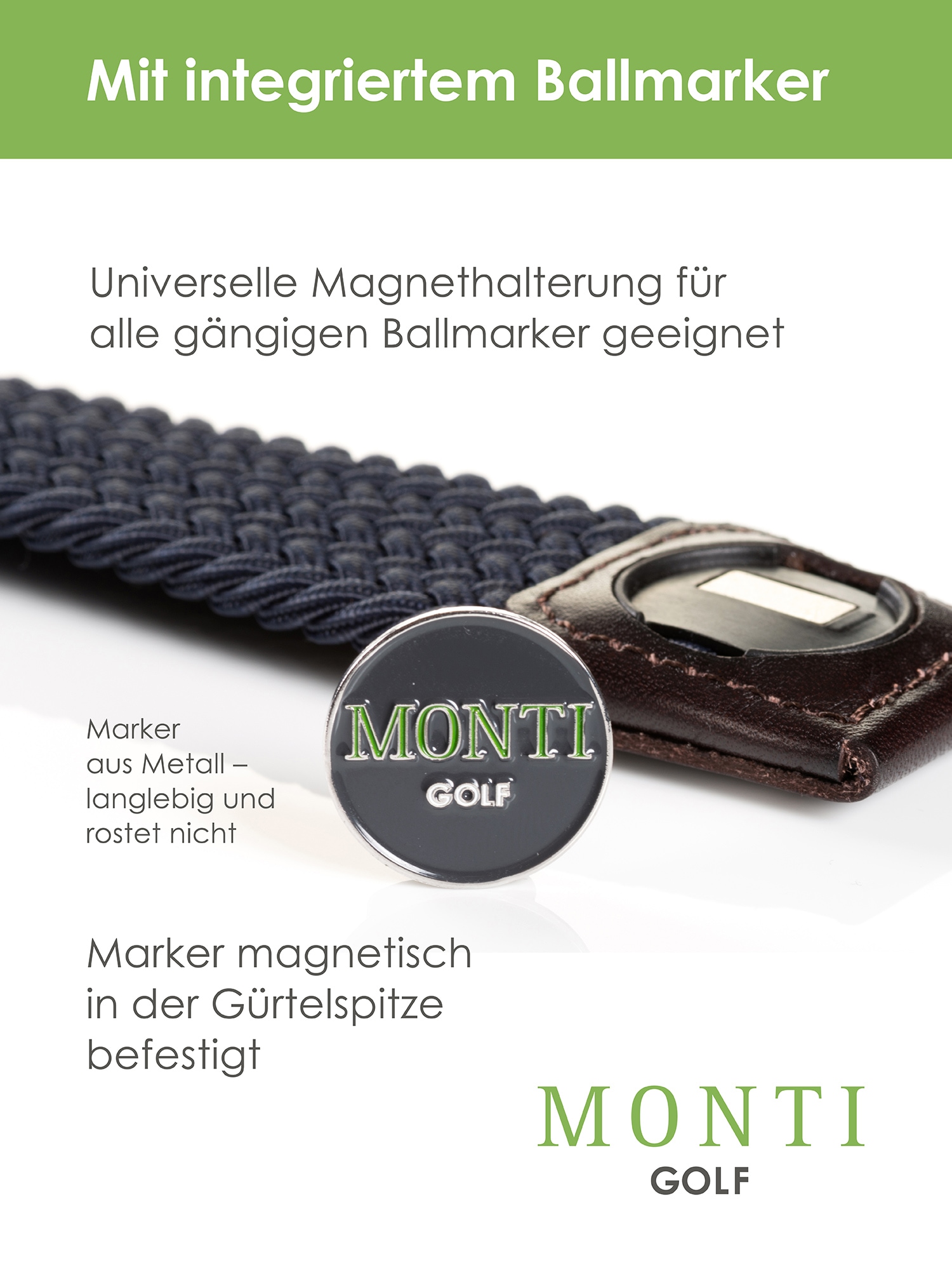 MONTI Flechtgürtel »BIRDIE«, elastisch, integrierter Ballmarker magnetisch, 3,5 cm breit