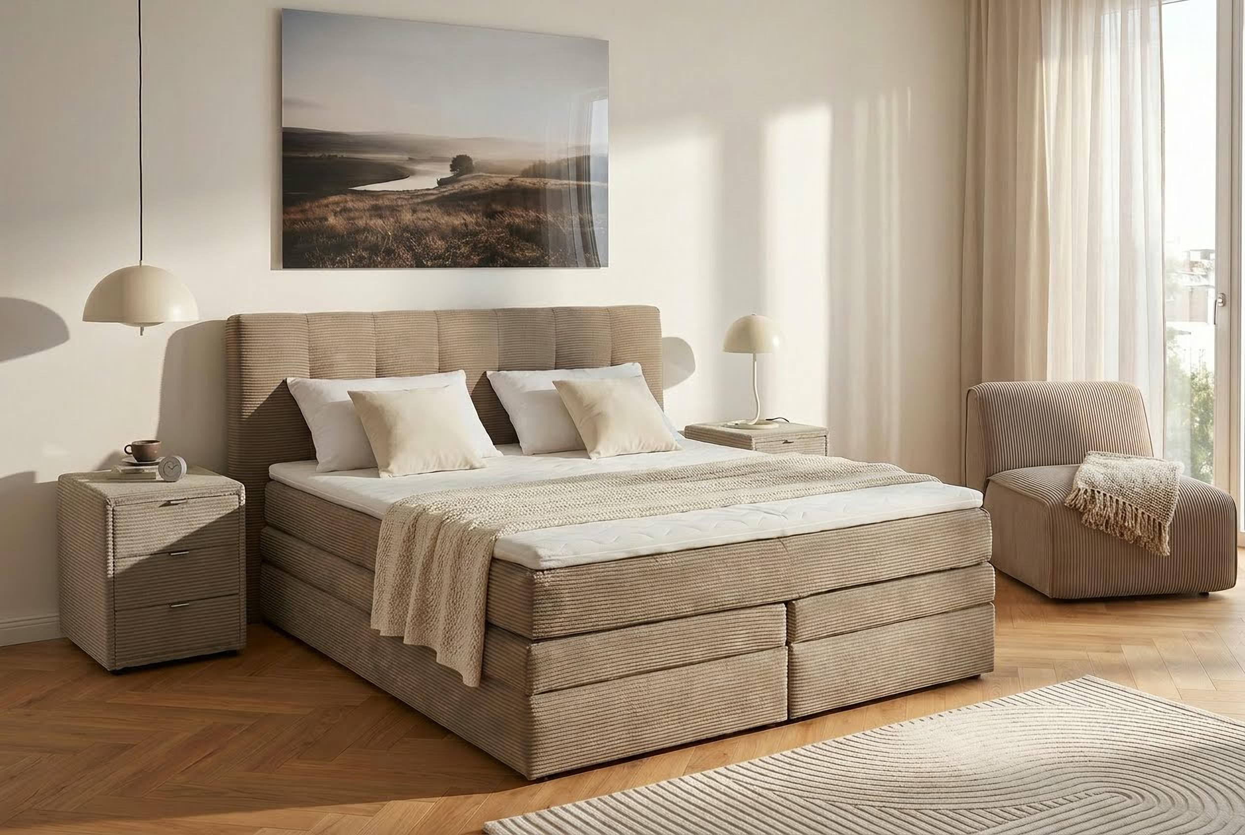 Jockenhöfer Gruppe Boxspringbett "AMY mit Bettkasten, inkl. Bonnell- oder Taschenfederkernmatratze H2-H4" mit 6 cm Kaltschaum-Topper, Cord-Bezug, 180x200 und 200x200 cm