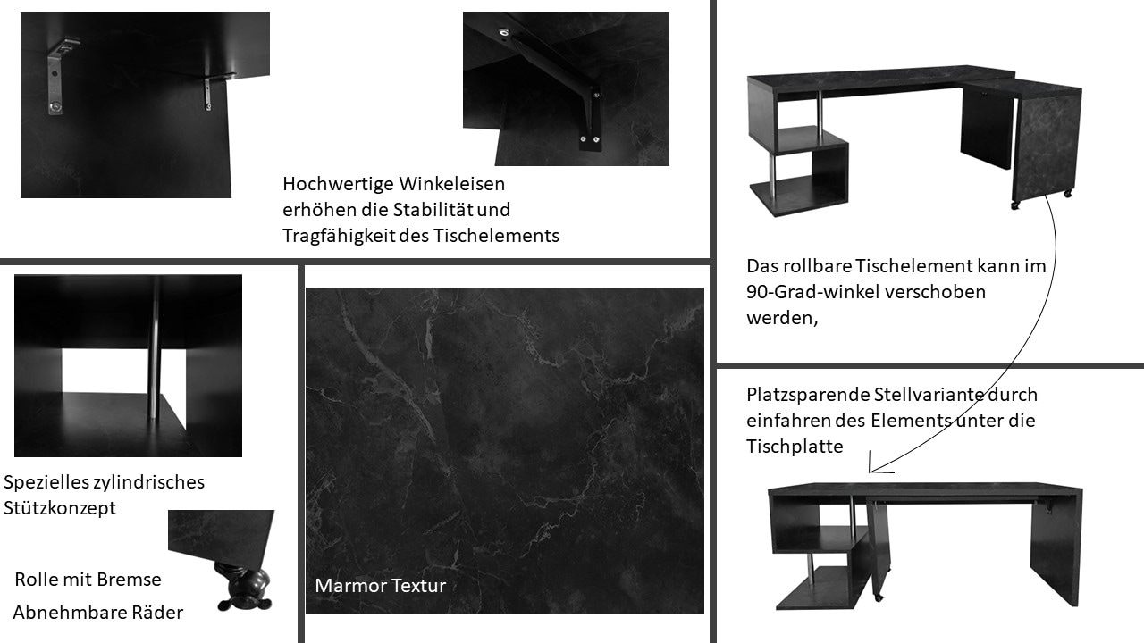 Places of Style Schreibtisch »Lopar, Eckschreibtisch«, rollbares Tischelement, großzügige Arbeitsfläche, Winkel 180x129 cm