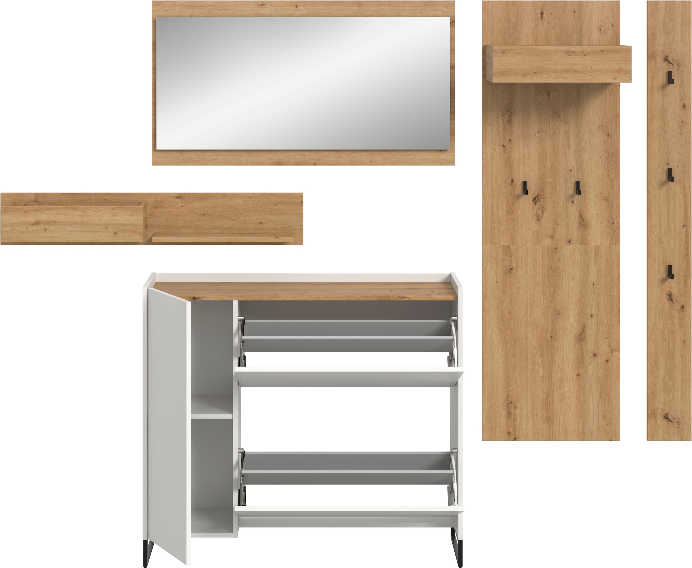 INOSIGN Garderoben-Set »EVRID, 5-teilig, Breite 236 cm, individuell stellbar & erweiterbar« best. aus: Wandboard, Kommode, Spiegel, Garderobenpaneel, Hakenleiste, 5 Stk. tlg. Garderobenkombination, Garderobe, Wandgarderobe, Flur, Diele