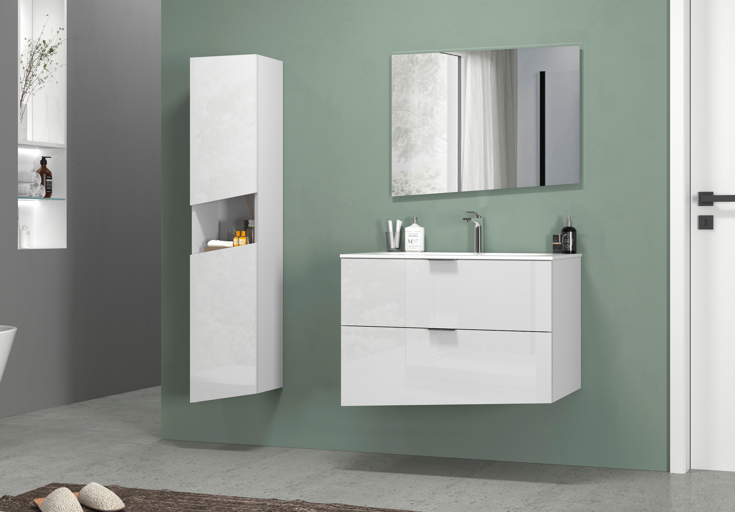welltime Waschtisch »VELA, 82,3 cm breit, Hochglanz-Schubladen, Made in Italy« 1 Stk. tlg. Waschtischunterschrank, inkl. Waschbecken, schräge Design-Schublade