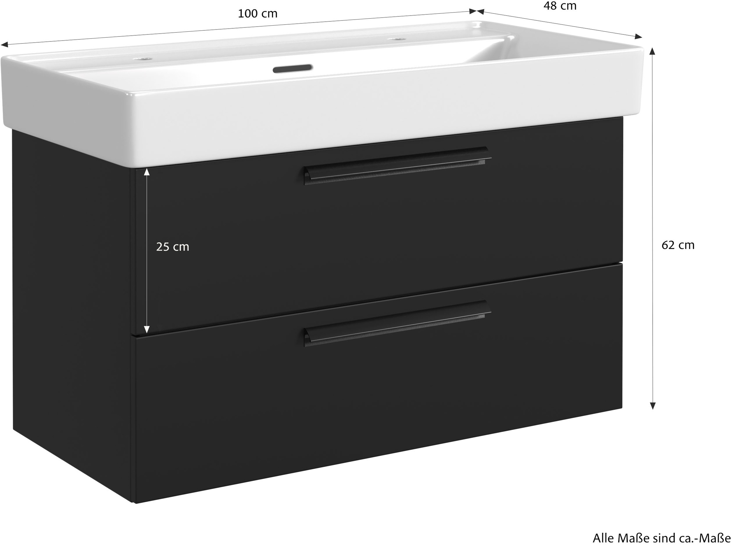 welltime Waschtisch »SALVADA, Softclose-Auszüge, Keramikbecken« Maße (B/T/H): 100/48/63 cm,  Schwarz, Lochbohrung für zwei Armaturen, Anti-Finger-Print