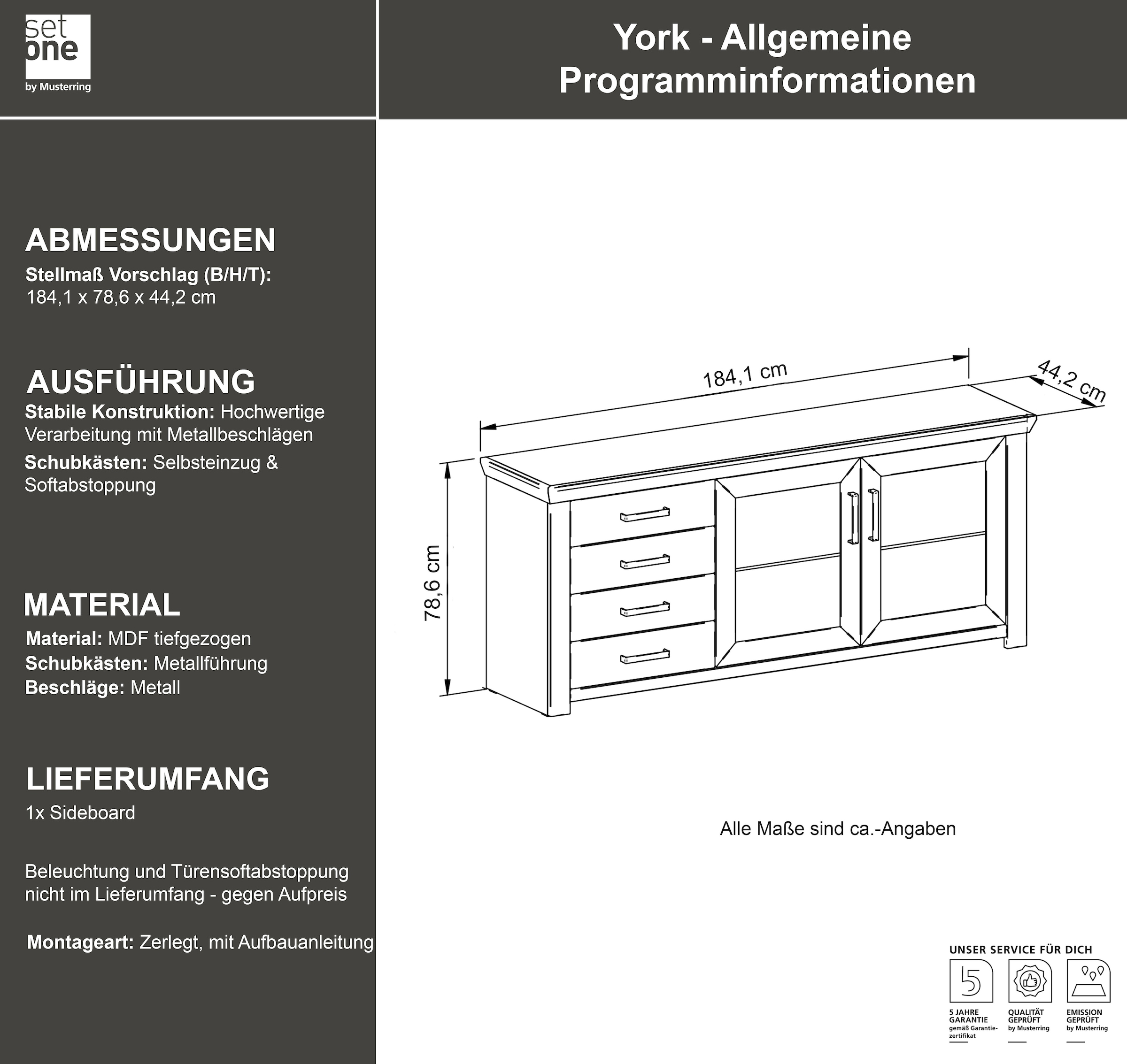 set one by Musterring Sideboard »York«, Typ 51, mit viel Stauraum, Bügelgriff silber, B 184 x H 79 cm