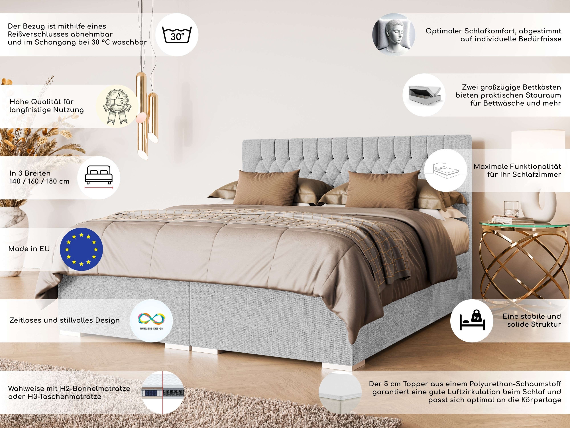 Leonique Polsterbett »ALIY mit Matratze und Topper, in 3 Breiten (140, 160 und 180 cm)«, Boxspringbett mit Kopfteil, Bettkasten, Matratze (BFK/TFK) und Topper
