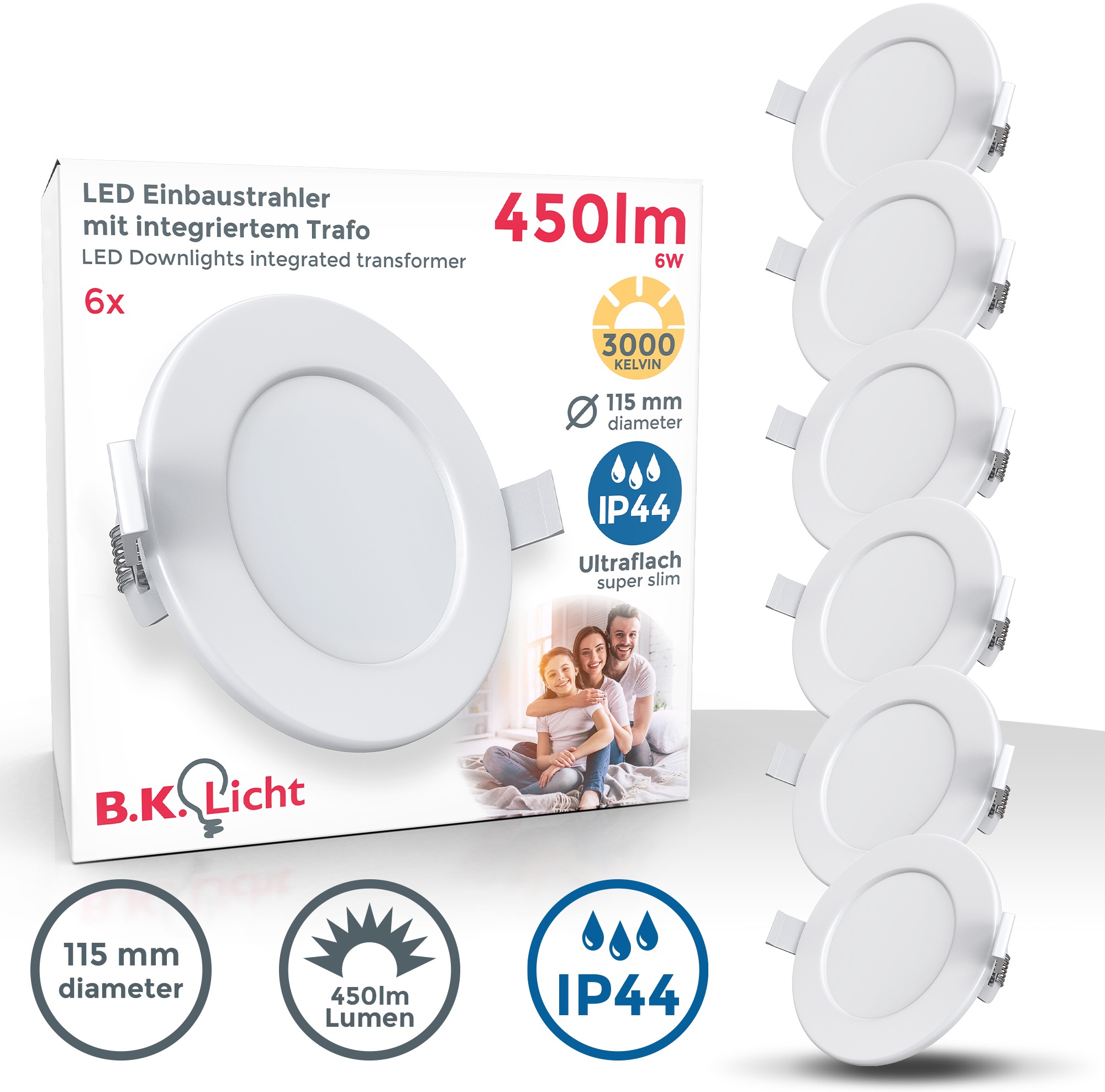 SET mm, IP44, B.K.Licht Einbaustrahler, Lampe, 115 Einbauleuchte, ultraflach, BAUR Spots, 6er | Bad, LED