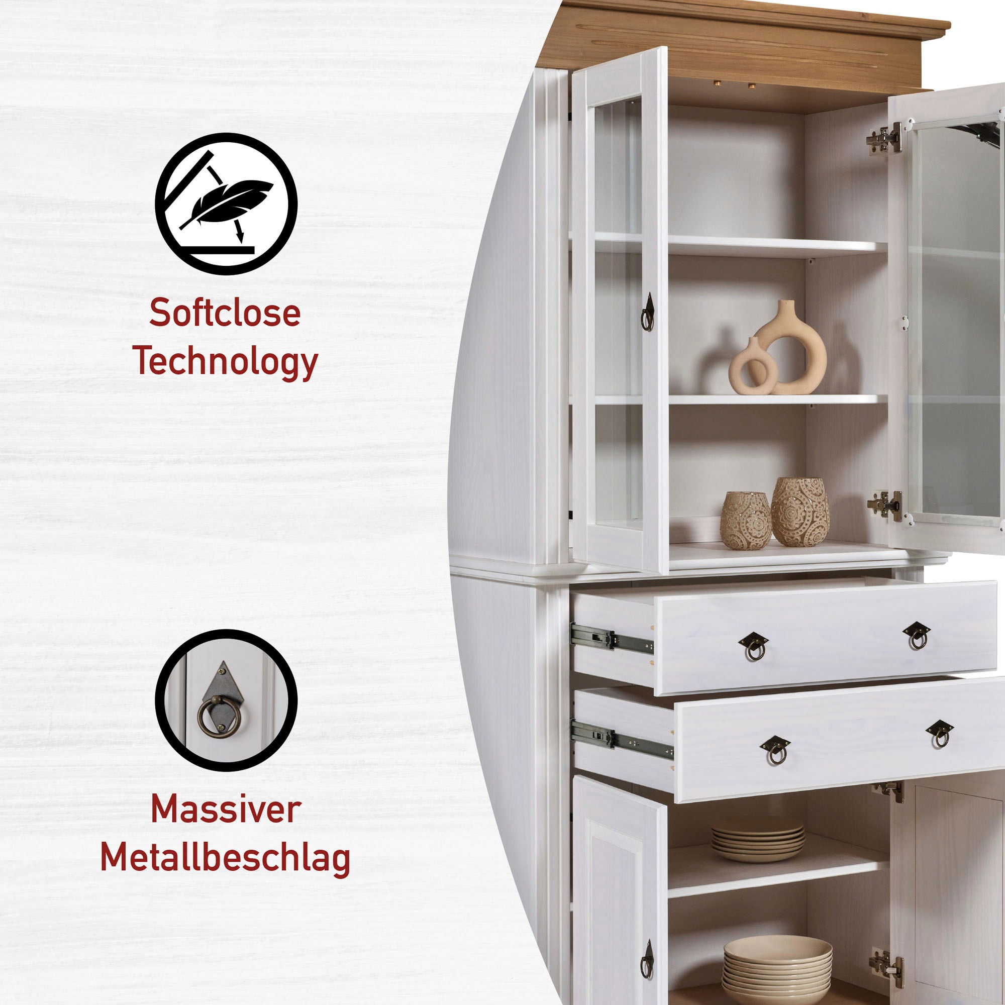 Inter Link Vitrine »Halmaro, Kiefer Massivholz, Weiss/Grau-Lava, 101 x 46,30 x 220 cm« 1 Stk. tlg. Buffet im Laudhausstil, Küchenschrank mit Glastüren, viel Stauraum