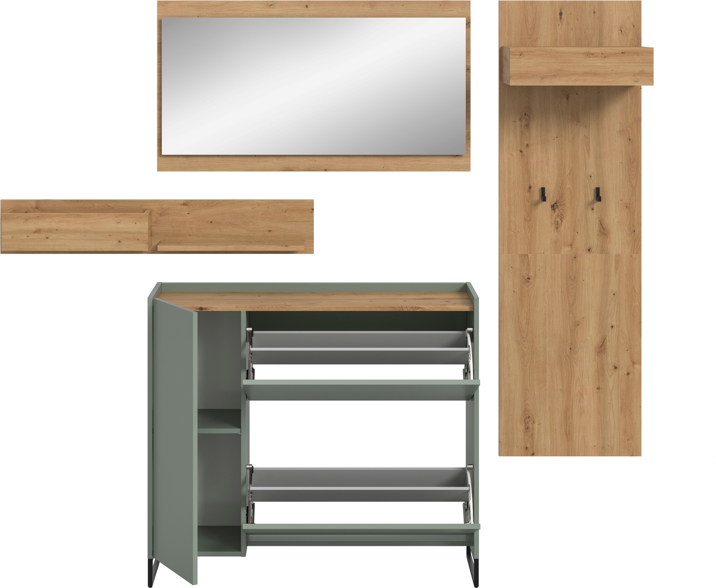 INOSIGN Garderoben-Set »EVRID, 3-teilig, Breite 175 cm, individuell stellbar & erweiterbar« best. aus: Kommode, Spiegel und Garderobenpaneel, 4 Stk. tlg.