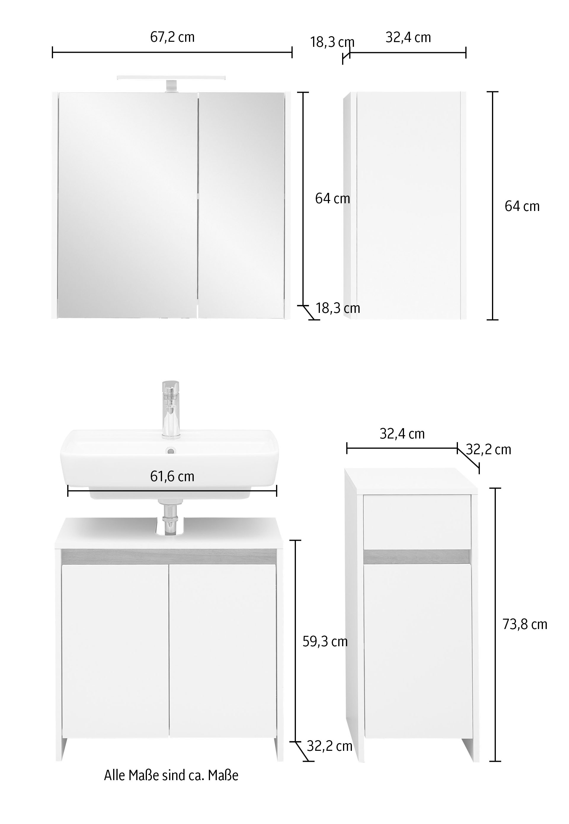 Saphir Badmöbel-Set »Badmöbel-Set Quickset 100, Waschbeckenunterschrank mit Spiegelschrank«, (4 St.), Badezimmer-Set mit Unterschrank und Hängeschrank Perl-Weiß