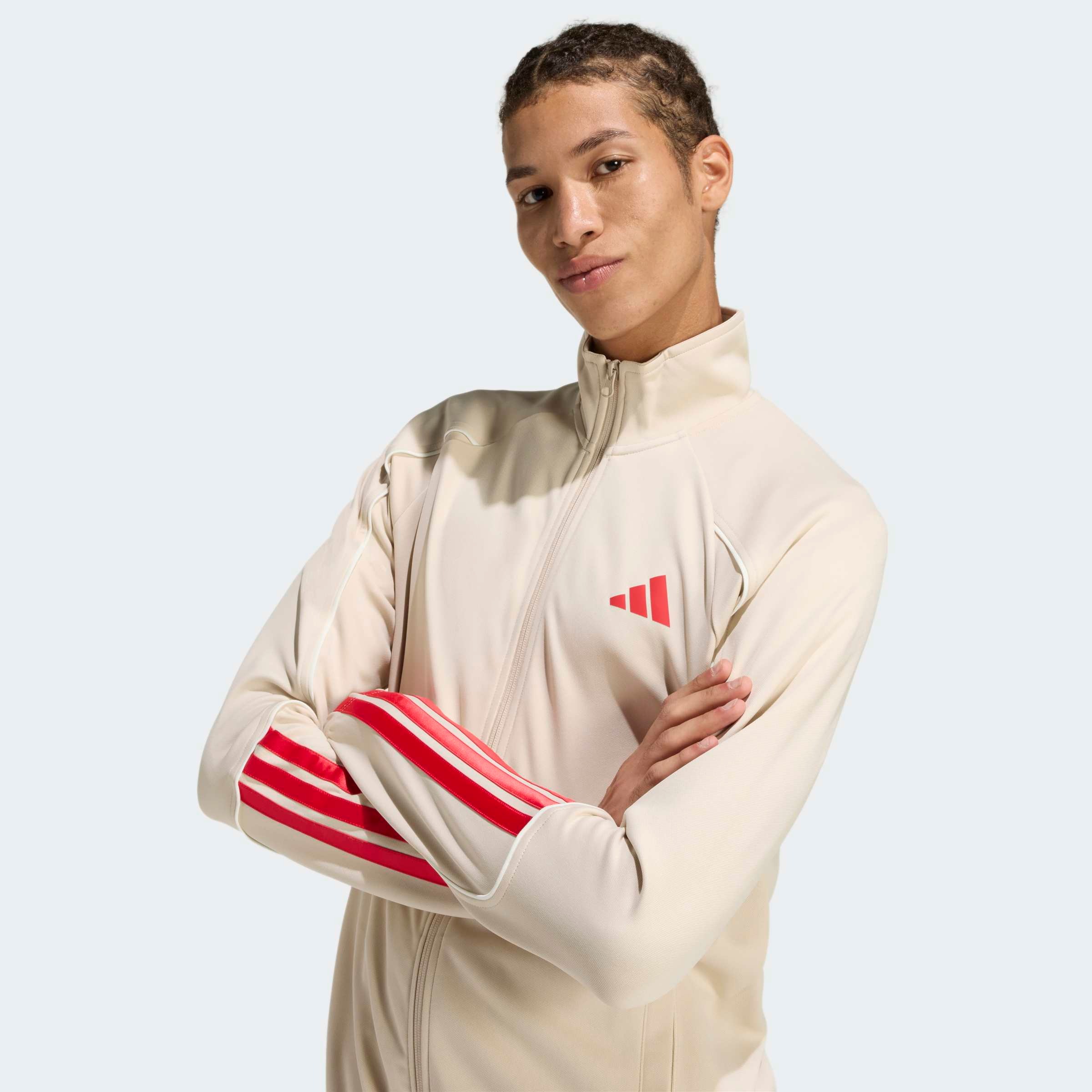 Trainingsanzug ADIDAS SPORTSWEAR "STADIUM 3-STREIFEN", Herren, Gr. M, crystal linen, pure ruby, Obermaterial: 100% Polyester, Sportanzüge Trainingsanzug, zweiteiliges Set aus Jacke und Hose, aus leichtem Polyester 3