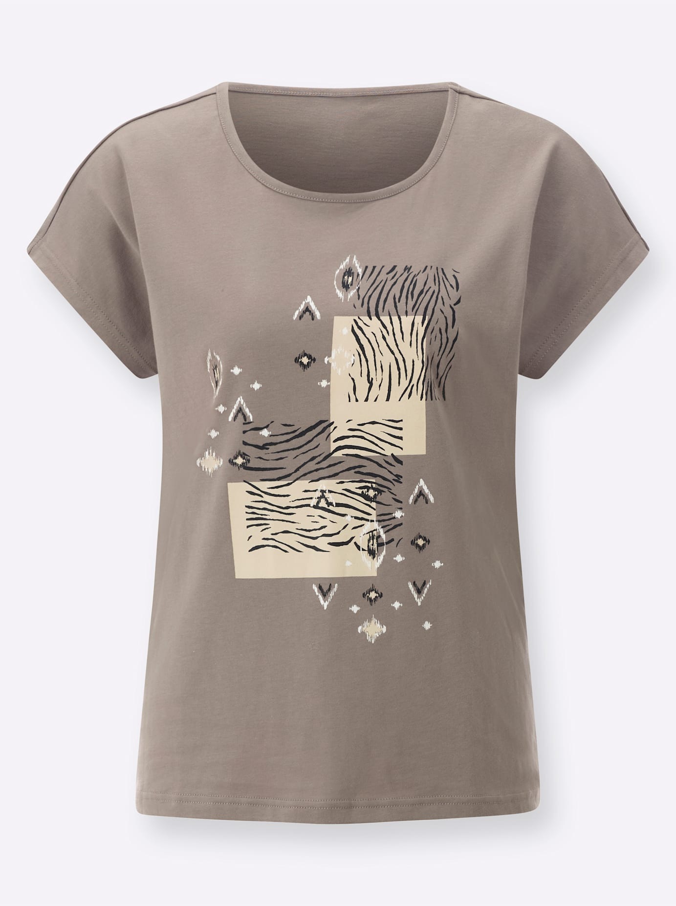 Rundhalsshirt CLASSIC BASICS "Rundhals-Shirt", Damen, Gr. 40, grau (taupe, schwarz, bedruckt), 100% Baumwolle, ethno, gemustert, mehrfarbig, Rundhals, Shirts Rundhalsshirt 2
