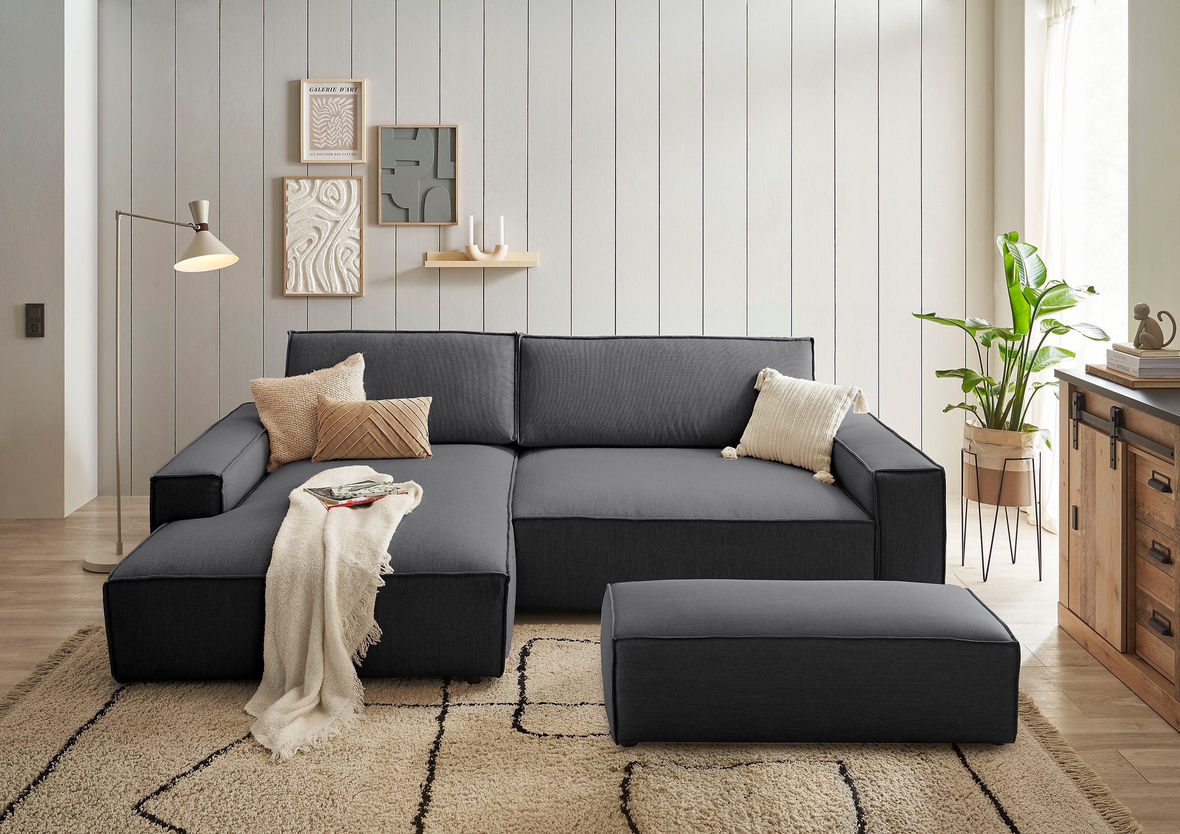 Home affaire Polsterecke »NEU: SHERWOOD XXL tief, L-Form mit Schlaffunktion, Big-Sofa mit Hocker«, (Set, 2 St.), stellbar zum Schlafsofa (Krokodilverbinder), Cord, Leinenoptik