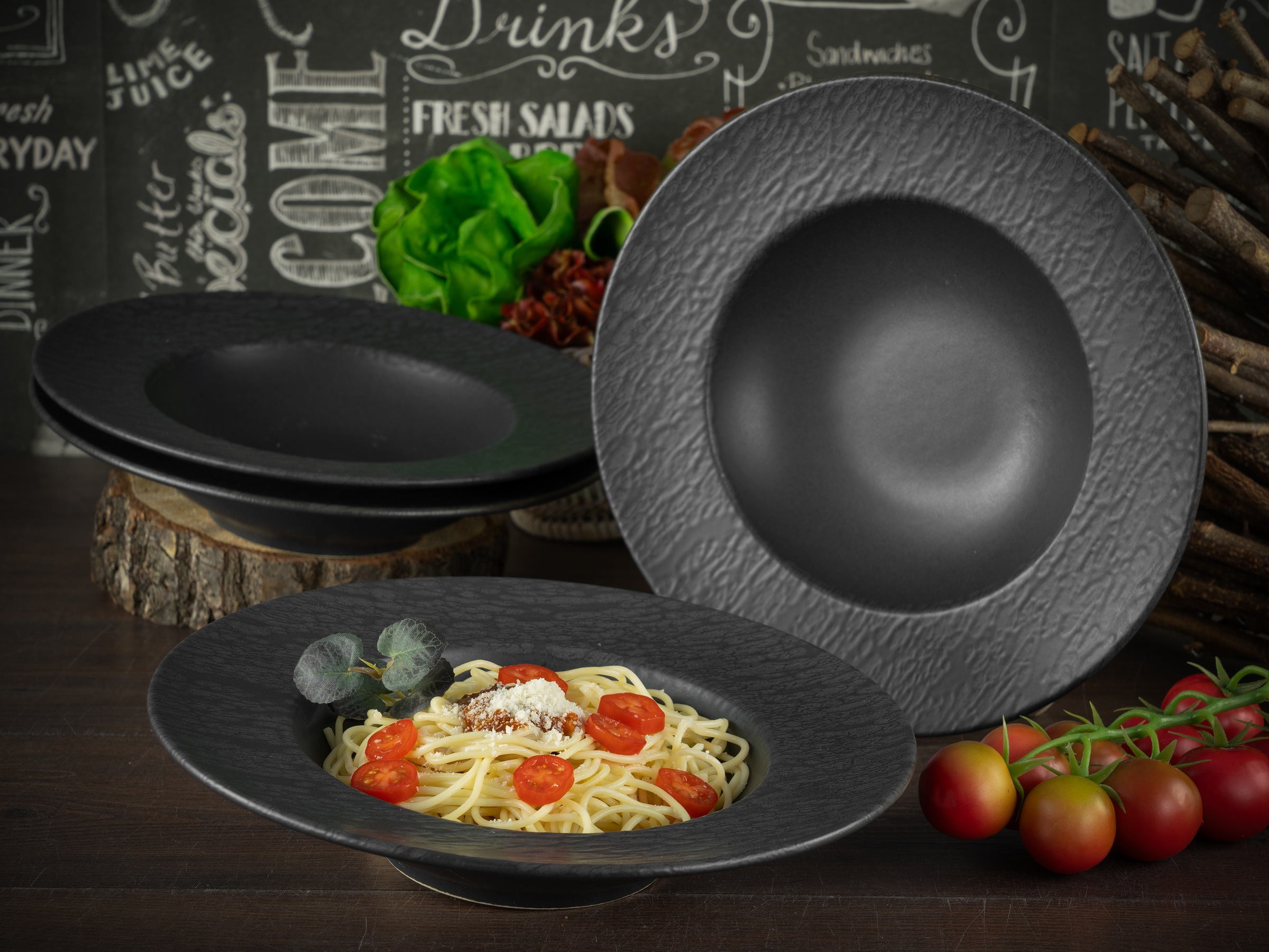 CreaTable Pastateller »Schiefer Black, Pasta Gourmetteller Set 4-tlg«, (Set, 4 St.), Seidenmatte Spezialglasur, Ausdruckstarkes Relief