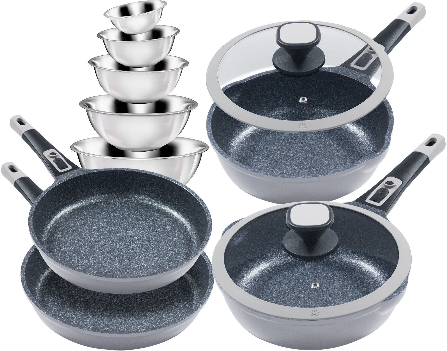KING "Moonscape" Aluminiumguss Set, je 1 Bratpfanne Ø 24/24/28/28cm, H: 5/7,5/5,5/8,5cm, - 1,9/2,8/2,5/4 l, 11 Stk. tlg. Induktion, Moonscape-Beschichtung,inkl. 5 Schüsseln