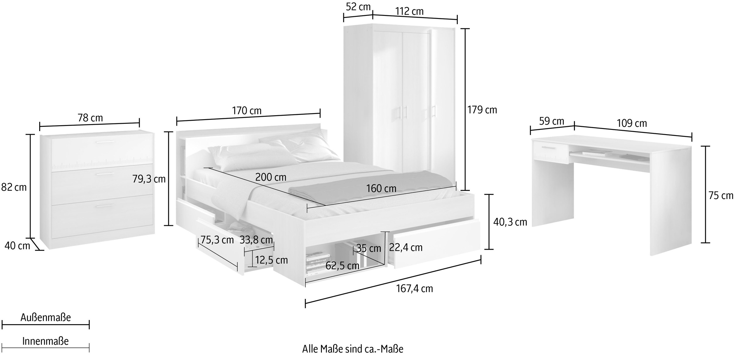 Thumbnail - Parisot Jugendzimmer-Set "Most" Set, Bett mit Schubkästen, Kleiderschrank, Schreibtisch, Schubkastenkommode, 4 Stk. tlg.