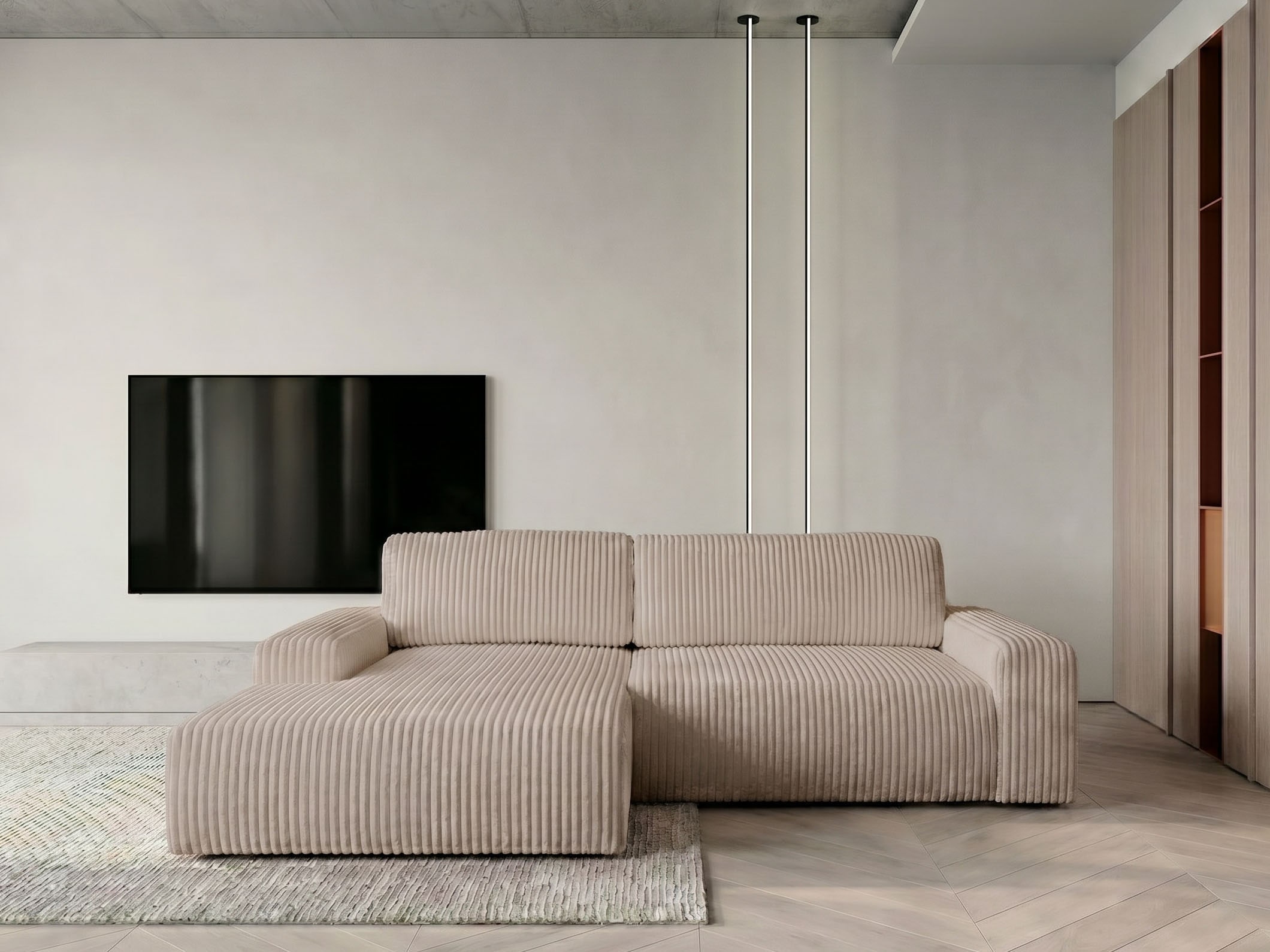 WERK2 Ecksofa "Rotterdam-L 267 x 165 cm modern und bequem" Breitcord, L-Form, Schlaffunktion, Bettkasten