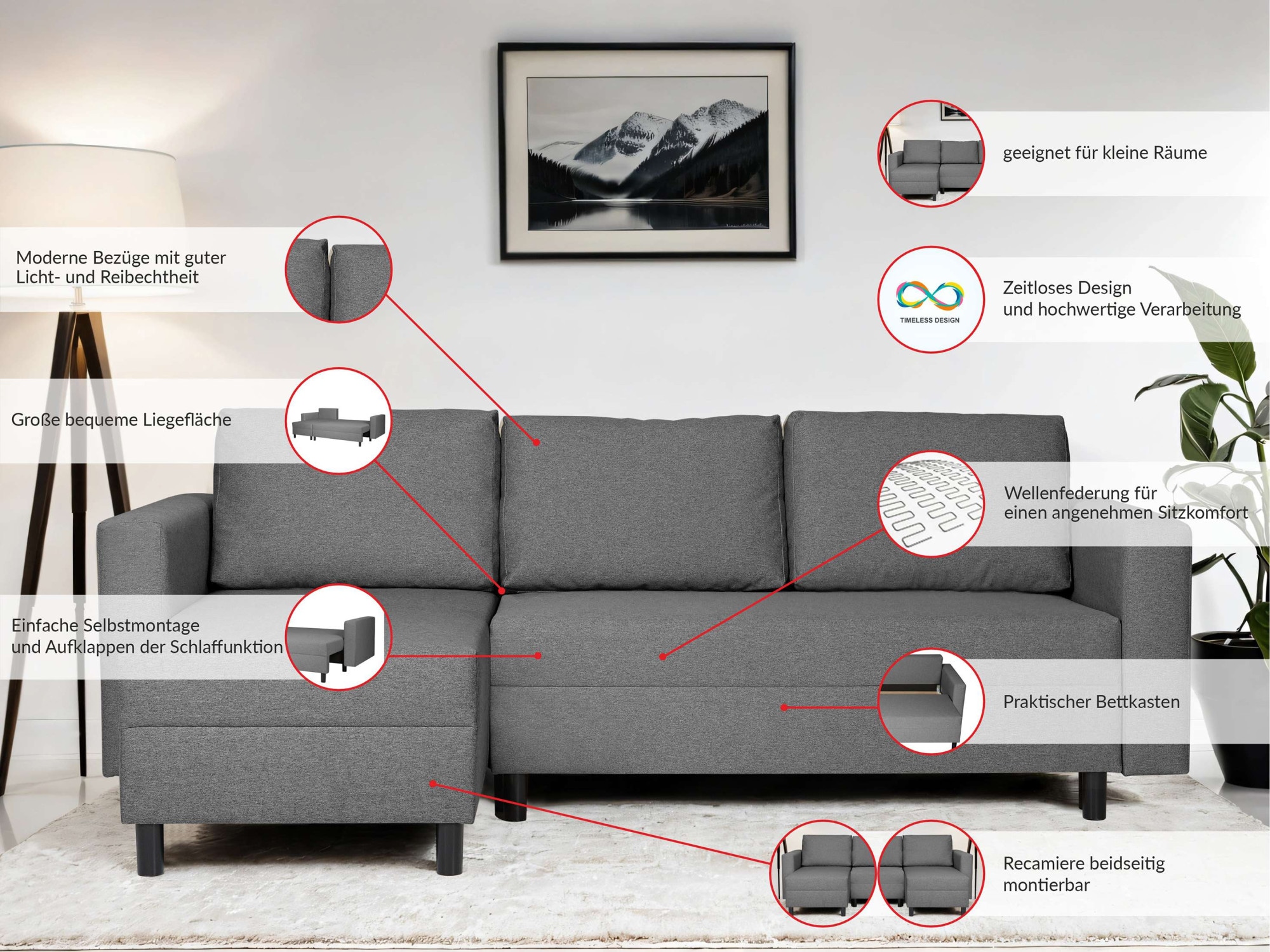 INOSIGN Ecksofa »GLENOE Schlafsofa mit Bettkasten, Recamiere beidseitig montierbar«, L-Form, Maße B/T/H: 230/135/84,5 cm, Velvet & Struktur weich
