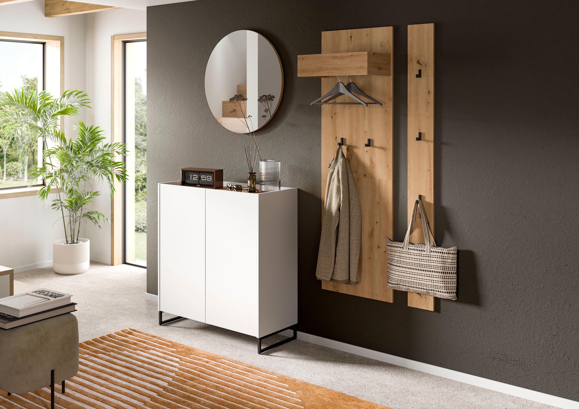 INOSIGN Garderoben-Set »EVRID, 4-teilig, Breite 206 cm, individuell stellbar & erweiterbar« best. aus: Kommode, Spiegel, Garderobenpaneel & Hakenleiste, 4 Stk. tlg.