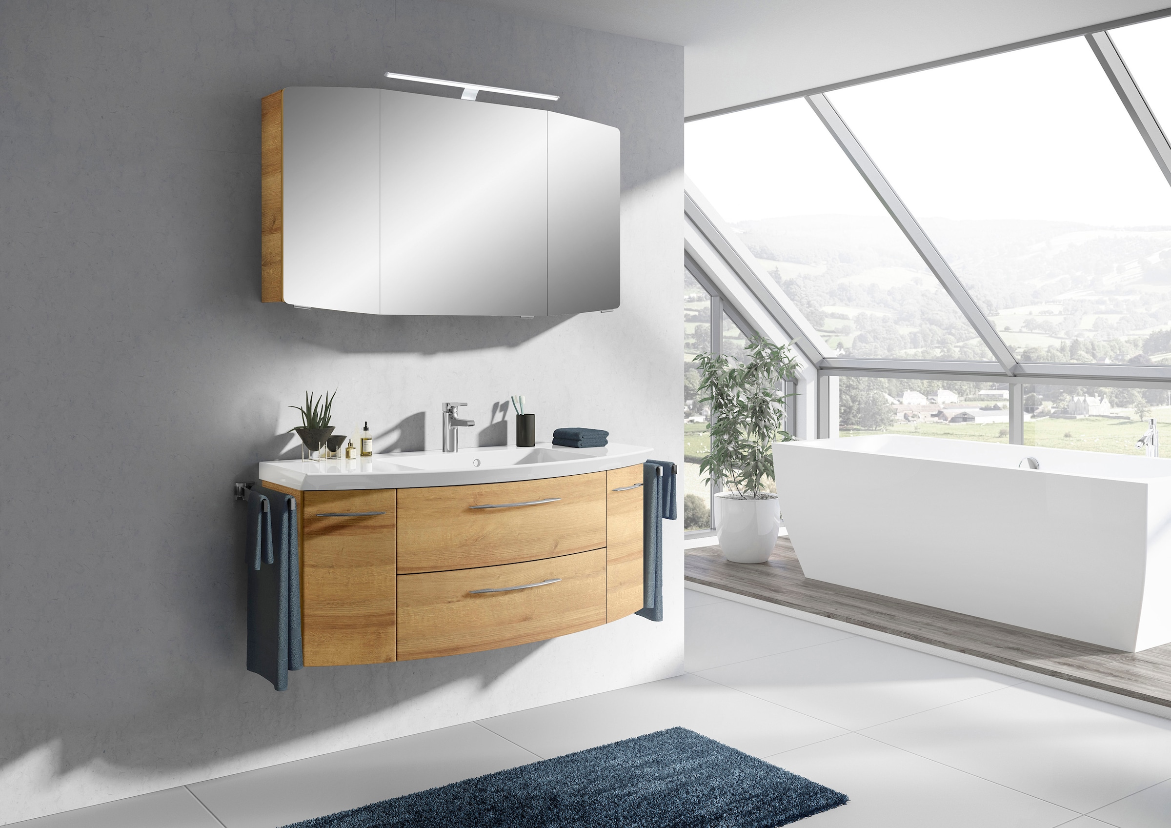 Saphir Badmöbel-Set »Cassca Sprint Waschtisch-Set Mineralmarmor-Waschtisch mit Unterschrank«, (1 St.), Waschplatz mit 2 Türen, 2 Schubladen, inkl. Türdämpfer, Badschrank