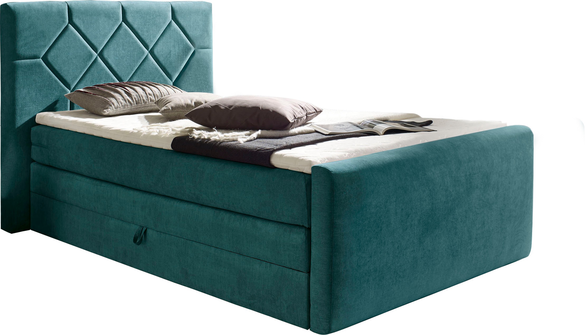 Boxspringbett HOME AFFAIRE "Atlanta", blau (ocean), B:110cm L:221cm, Kunststoff, Massivholz, Stoff, Komplettbetten, Boxspringbett, inklusive Topper und Bettkasten