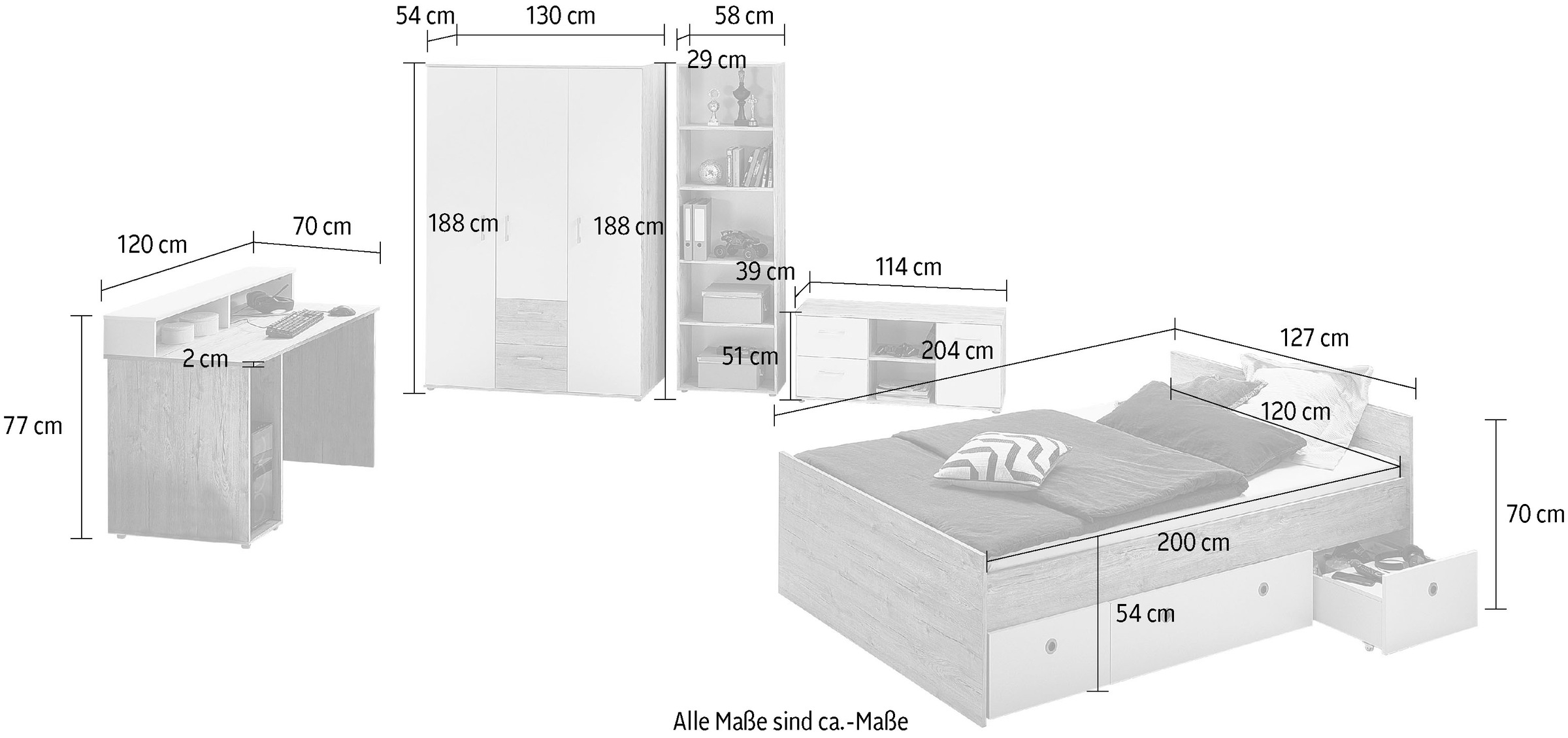 Home affaire Jugendzimmer-Set »Jugendzimmer-Set »Rieke« 5-teilig«, (Set, 5 tlg.), Farblich abgestimmte Möbelserie