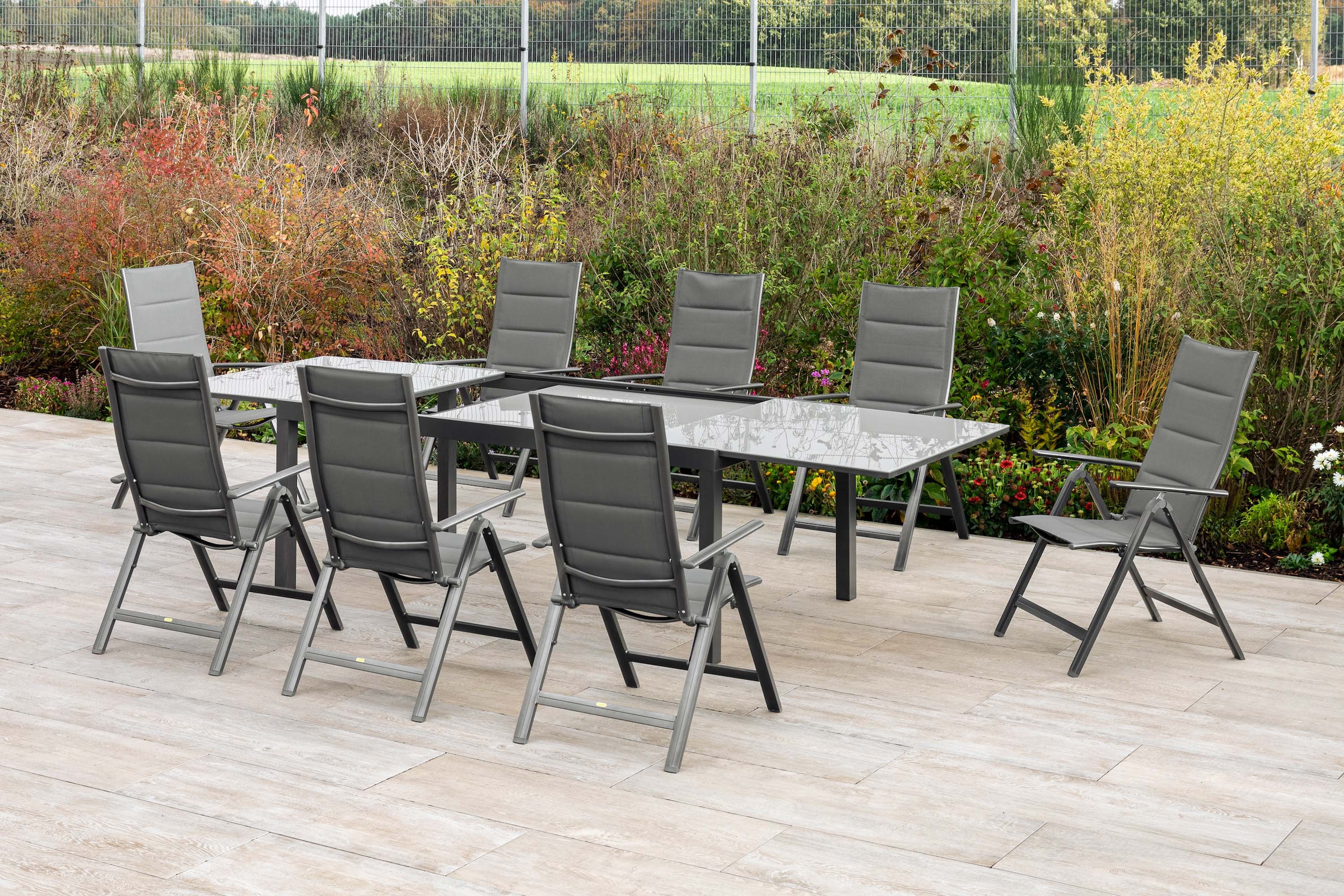MERXX Garten-Essgruppe »Taviano« Set, 9 Stk. tlg. 8 Klappsessel, 5-fach verstellbar, Ausziehtisch