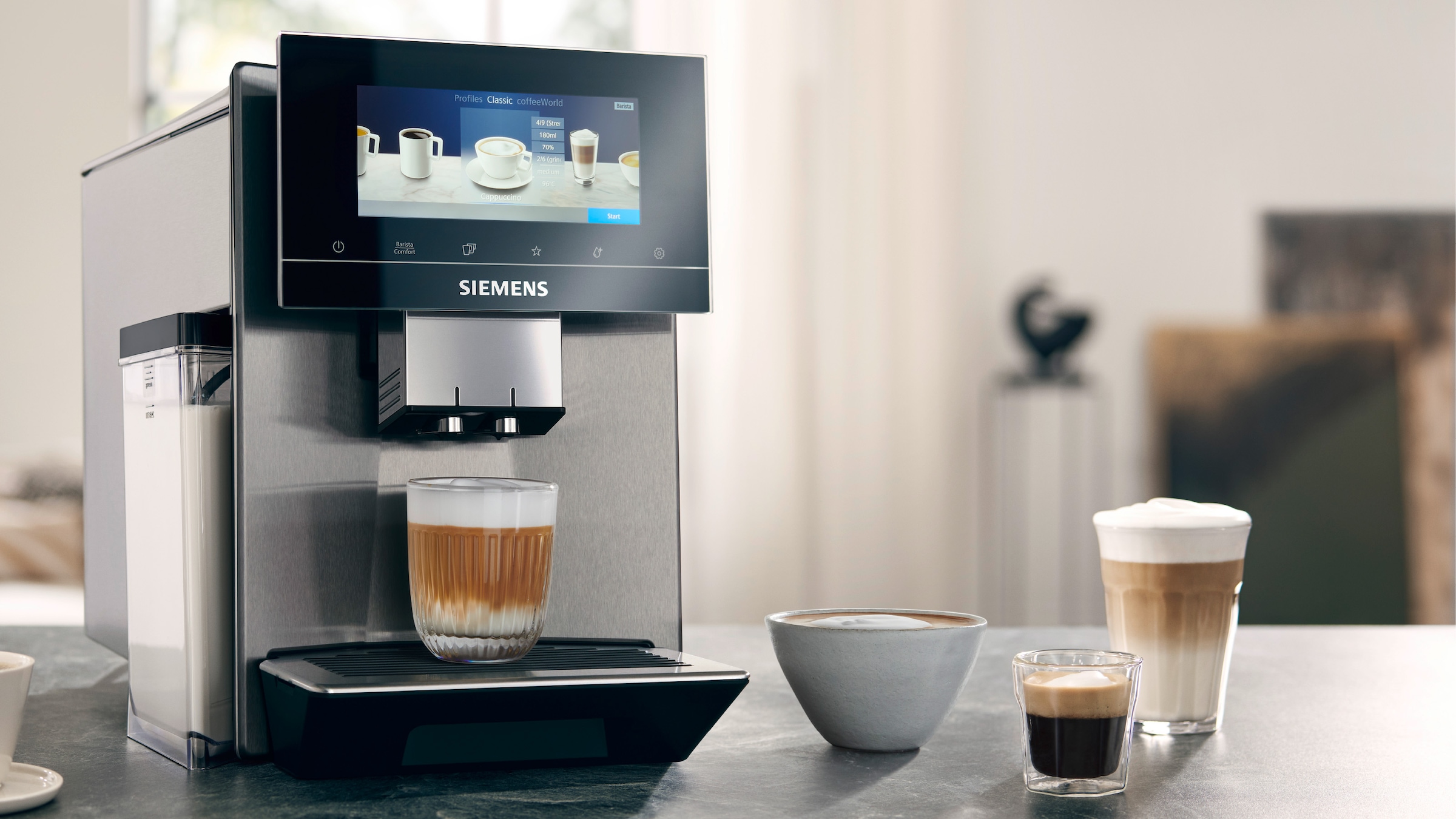 SIEMENS Kaffeevollautomat »EQ900 TQ905D03, intuitives 6,8" TFT-Display, Barista-Modus«, AromaBoost, App-Steuerung, Geräuschreduzierung,10 Profile, edelstahl