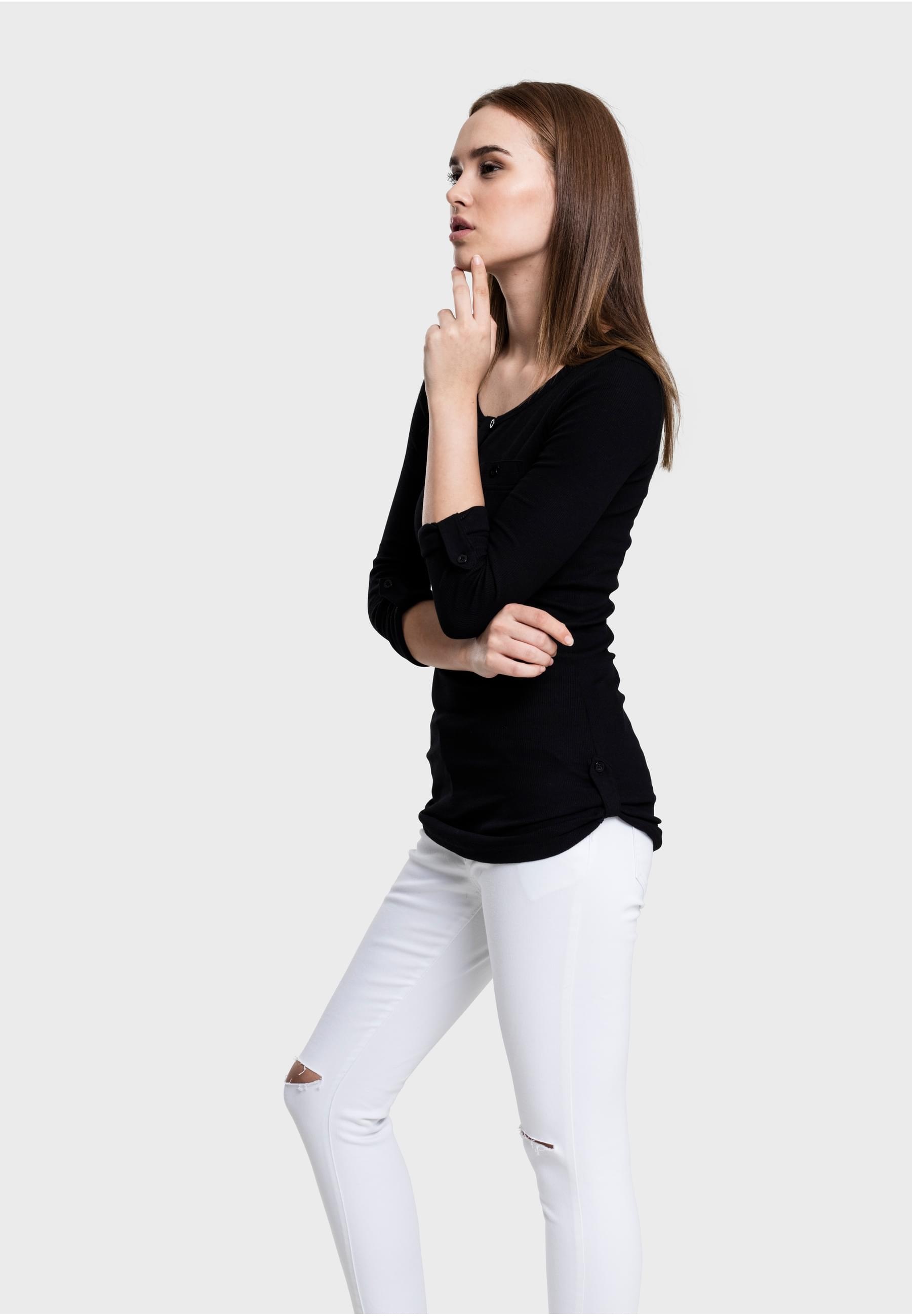 URBAN CLASSICS Longsleeve »Urban Classics Damen Ladies Long Rib Pocket Turnup Tee« 1 Stk. tlg.
