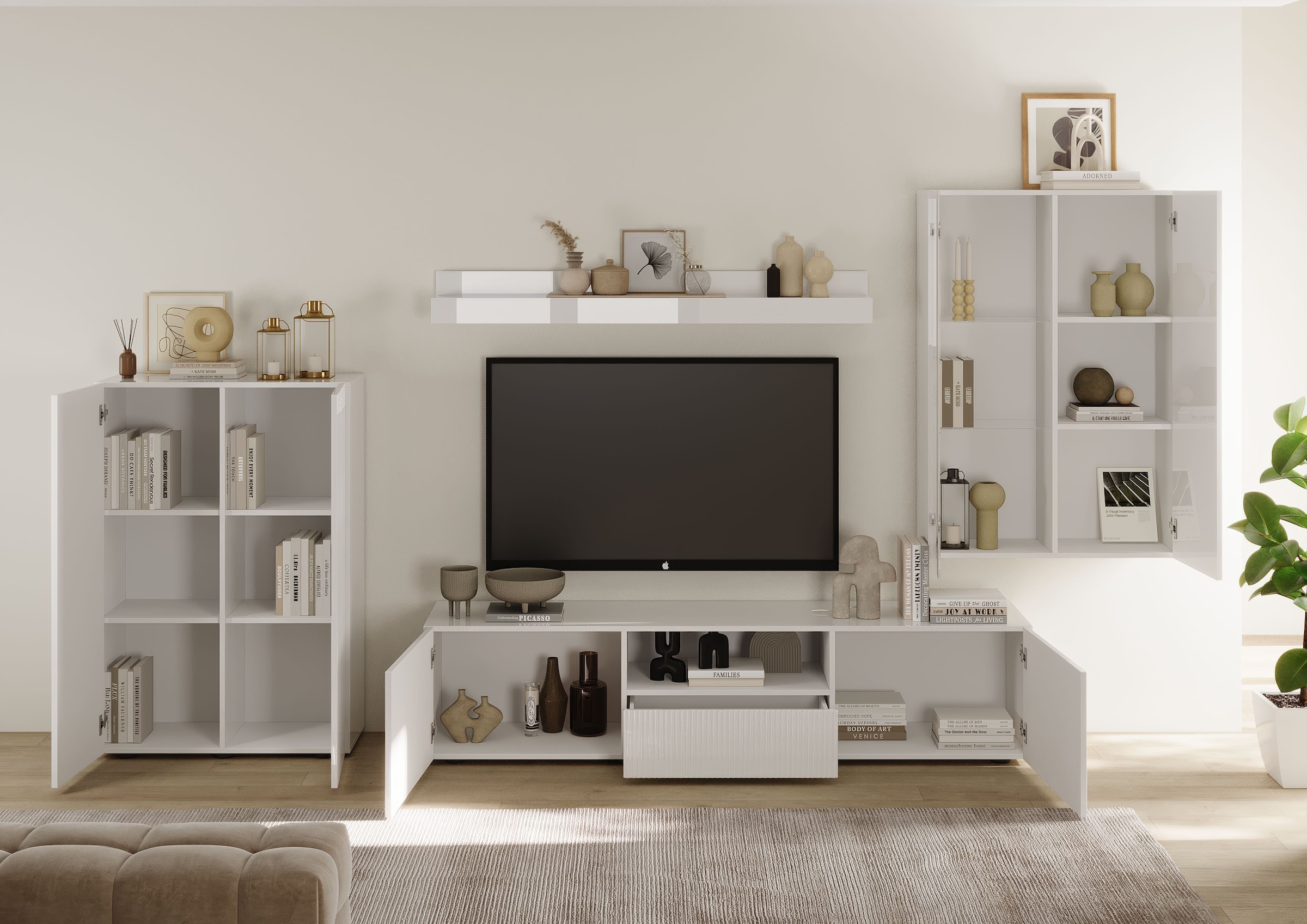 INOSIGN Wohnwand »Rio, 4tlg. Breite 300 cm, modernes, elegantes Wohnzimmer-Set«, (4 St.), (Lowboard, Highboard, Hängevitrine, Wandboard), Front geriffelt