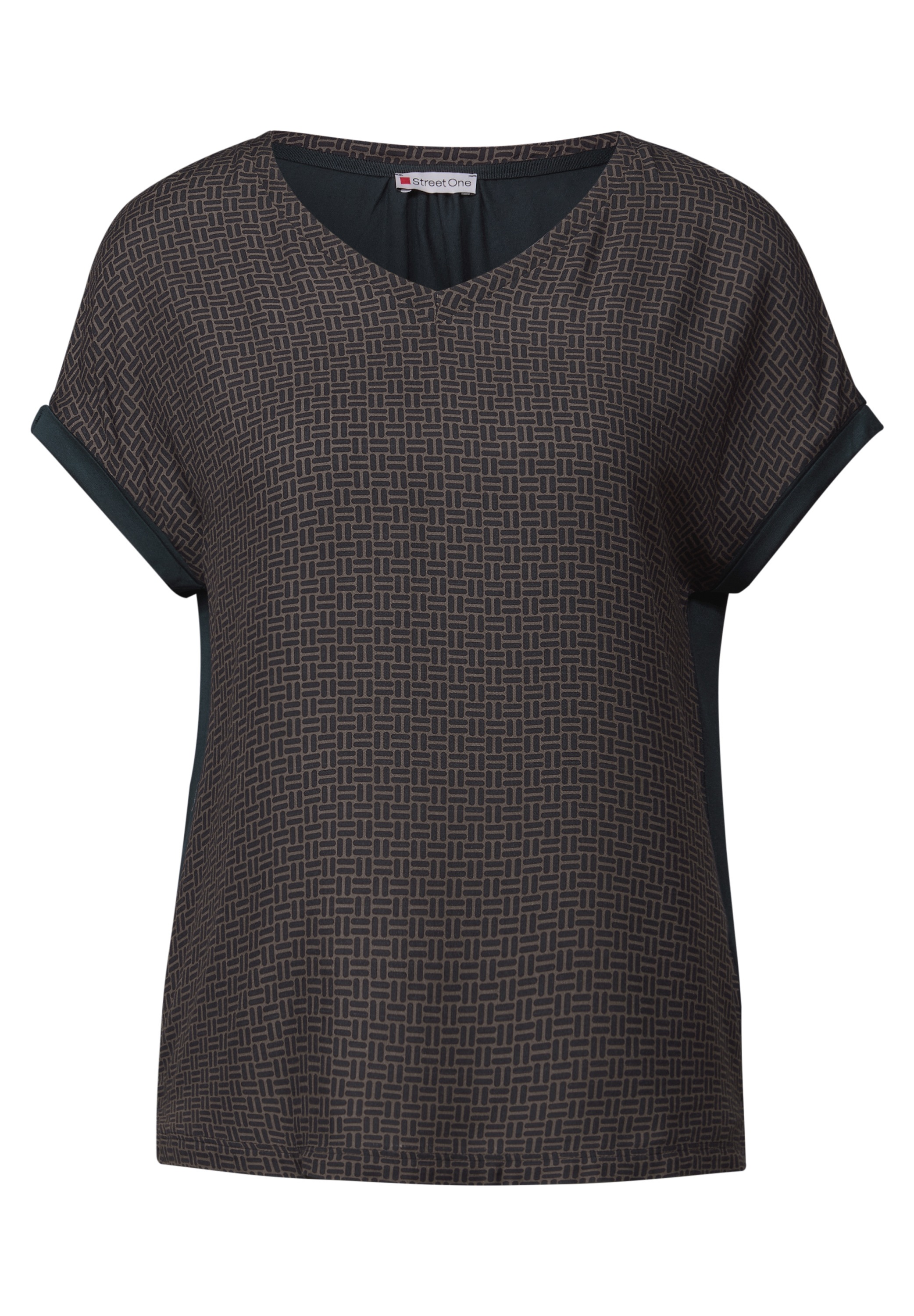 T-Shirt STREET ONE, Damen, Gr. 38, blau (deepwater blau), Stoff, Vorderseite: 100% Viskose; Rückseite: 95% Viskose, 5% Elasthan, gemustert, normal normal, V-Ausschnitt, Umschlagsaum, Shirts T-Shirt, mit V-Ausschnitt 3