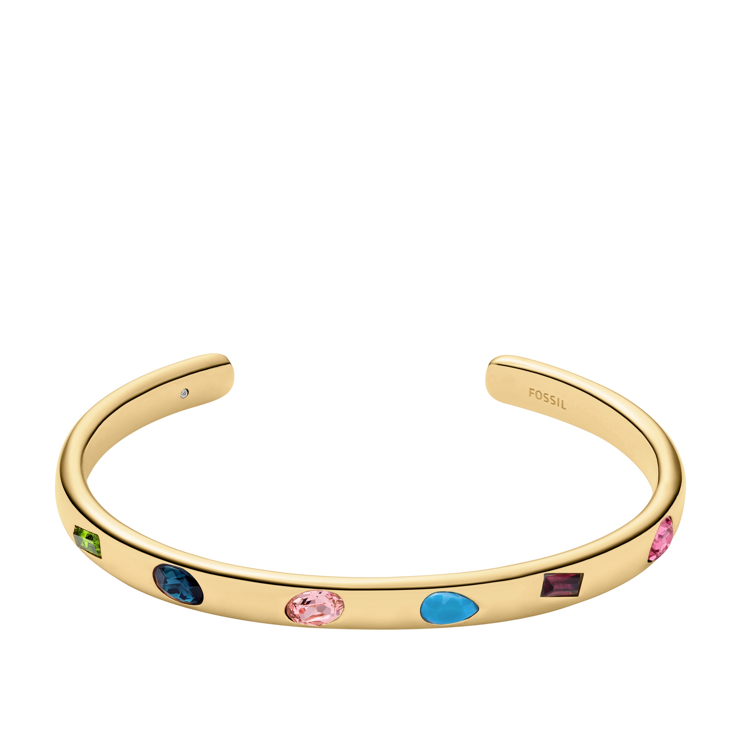 Armspange FOSSIL "Schmuck Geschenk Edelstahl JEWELRY", gold (gelbgoldfarben, grün, blau, rosa, türkis, lila, pink, grün, blau, rosa, türkis, lila, pink), Armbänder, Damen, Edelstahl, Armspange, mit Glasstein