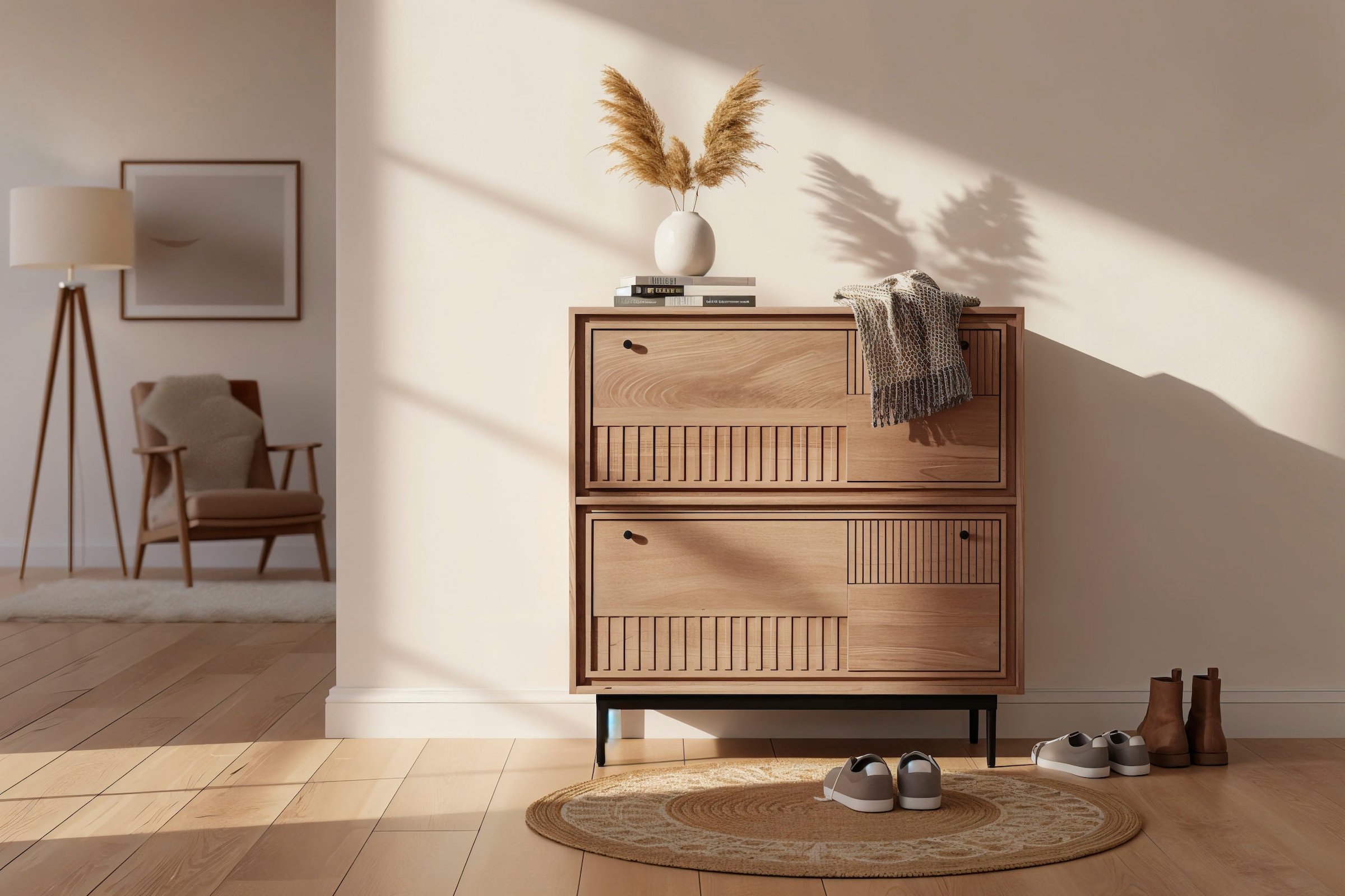 SIT Schuhschrank 1 Stk. tlg. Massiver Schuhschrank mit Lamellen‑Front & kunstvollen Schnitzereien