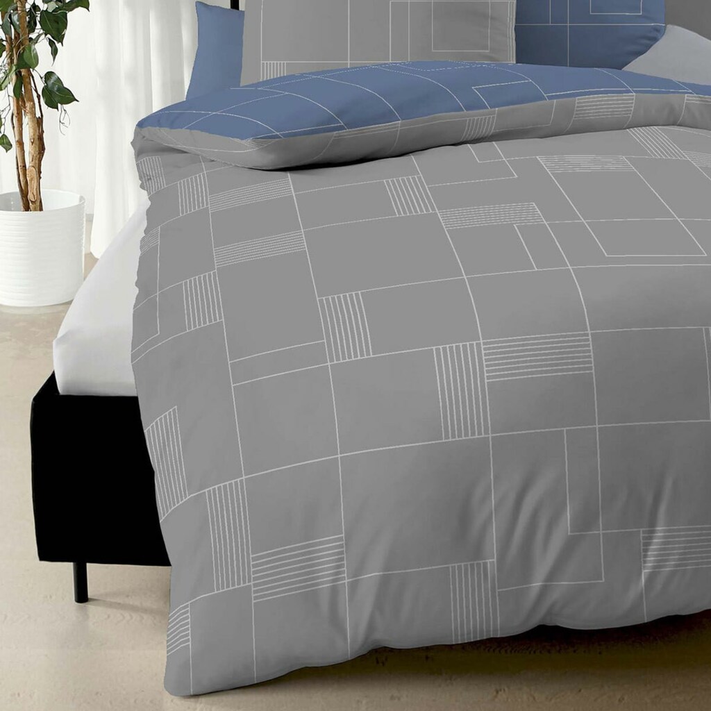 TRAUMSCHLAF Wendebettwäsche »Uptown in Mako Satin und Biber (Flanell) Qualität, 100% Baumwolle, Bett- und Kopfkissenbezug mit Reißverschluss, Winter-und Sommerbettwäsche, ganzjährig einsetzbar«, (3 tlg.)