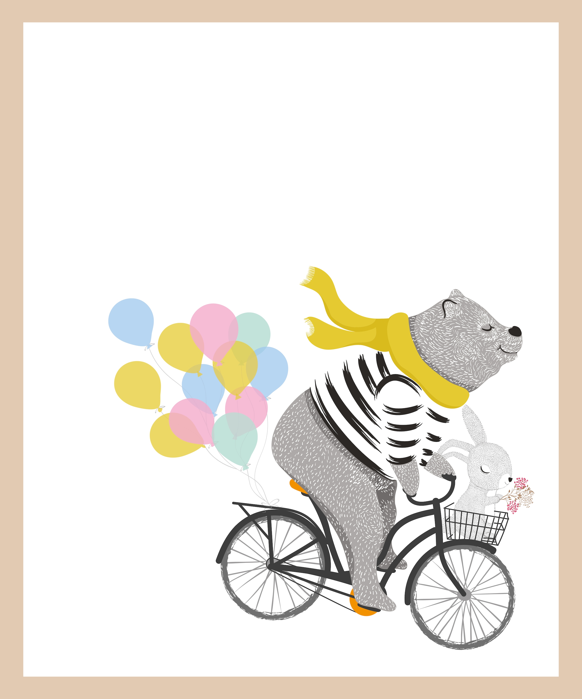 Lüttenhütt Bild mit Rahmen »Bär mit Hase auf Fahrrad«, Fahrräder-Fahrzeuge-Fantasy-Luftballon-Tiere, (1 St.), Premium Rahmenbild, Motive in wunderschönen Pastelltönen