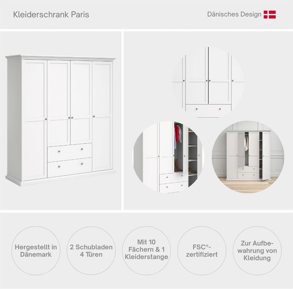 Home affaire Kleiderschrank »Paris, Aufbewahrung Kasten Schrank Stauraum, mit Griffen, Landhausstil«, mit 4 Türen, 11 Facher, Kleiderstange, 2 Schubladen, Breite 181 cm