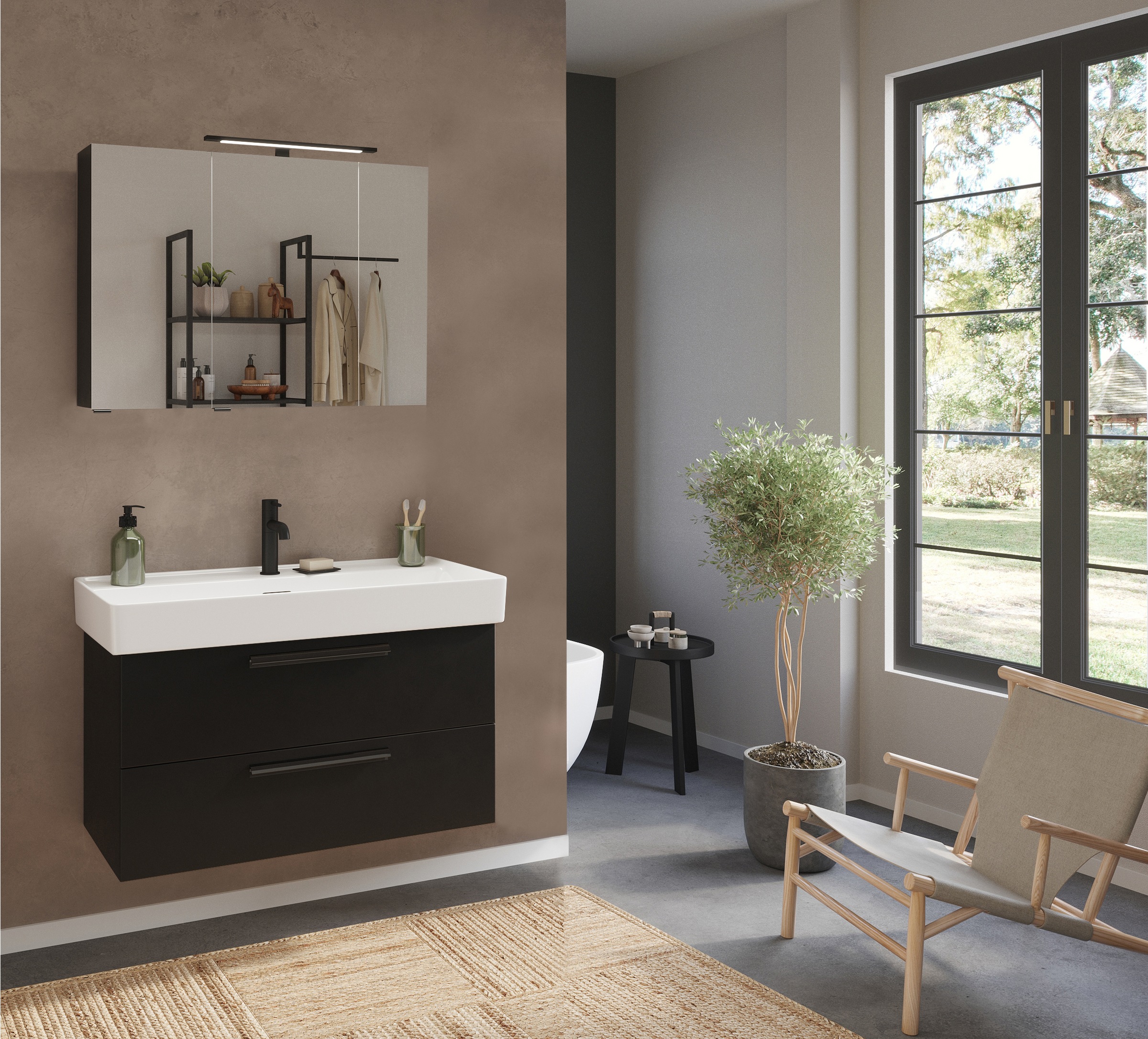 welltime Badmöbel-Set »SALVADA, 2tlg-Set, gedämpfte Scharniere, Softclose, Keramikbecken« Maße (B/T/H): 100/47,5/200 cm, 