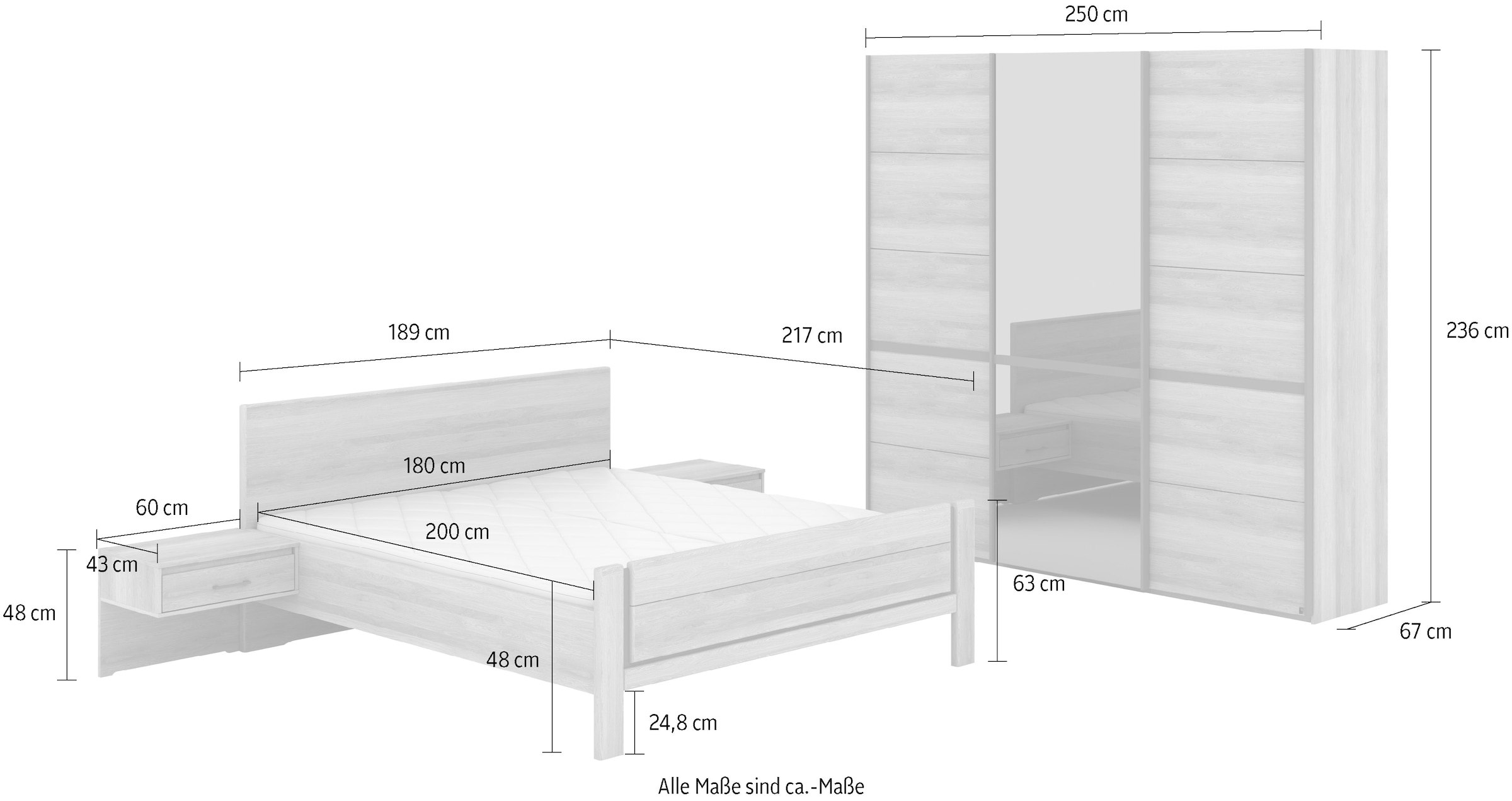 Musterring Schlafzimmer-Set »Sorrent, Kleiderschrank, Bett & Nachtkommoden, teilmassiv Eiche«, (2er-Set Nachtschränke, Schwebetürenschrank 300 cm, Bett 180x200 cm), mit Schwebetürenschrank, Bett mit Stollenfuß, Breite Schrank 300 cm