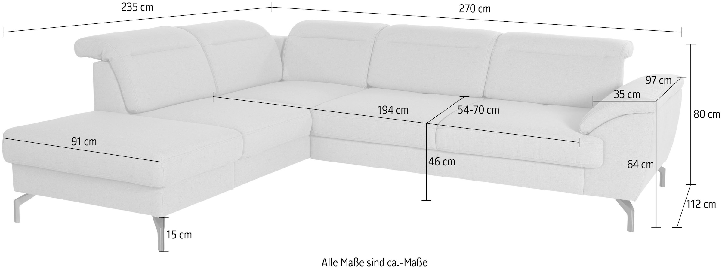 sit&more Ecksofa »Percy L-Form«, 15 cm Fußhöhe, Sitztiefenverstellung, wahlweise in 2 Fußfarben