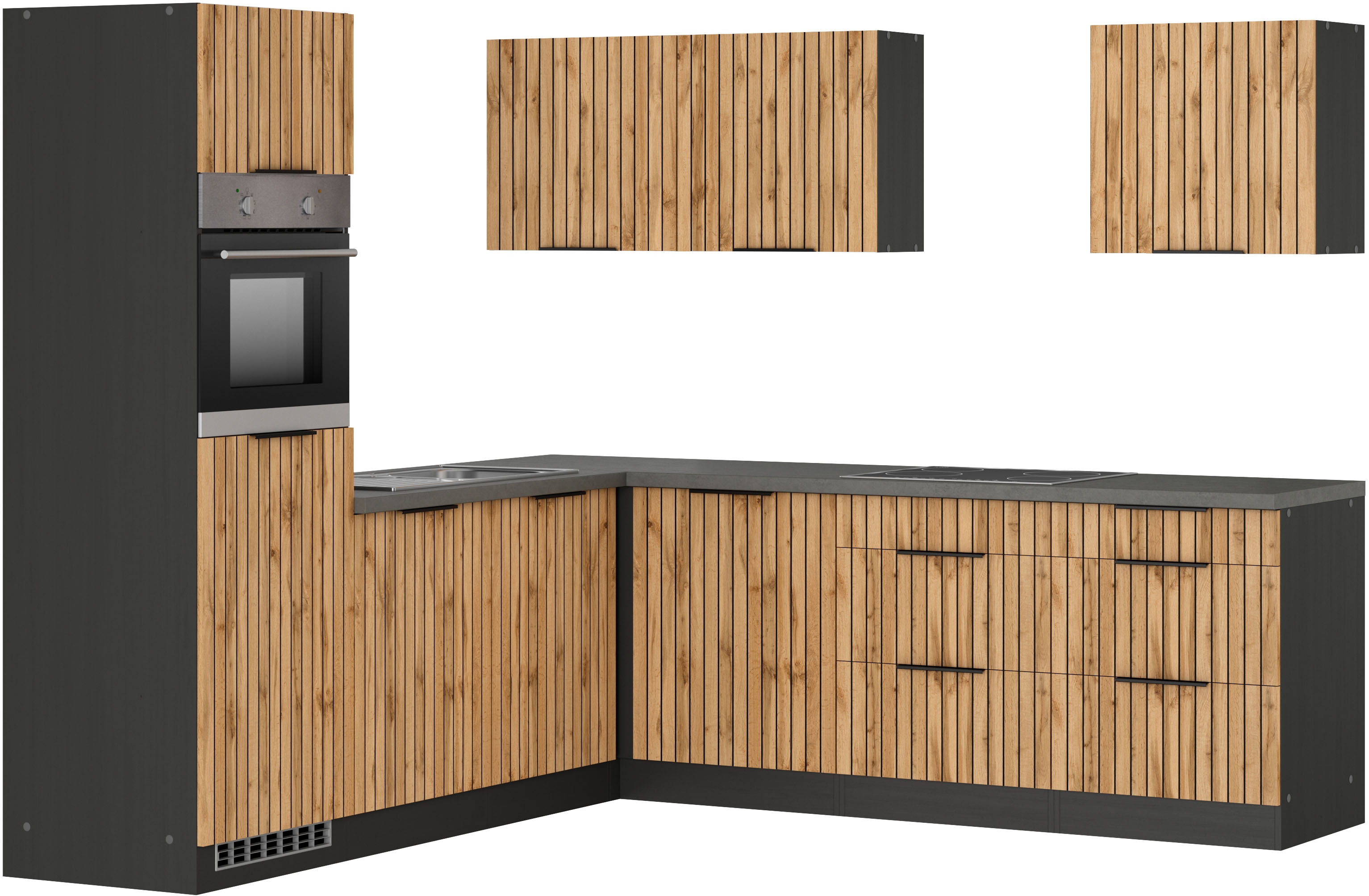 KOCHSTATION Winkelküche "KS-Lagos, Stellbreite 240/240 cm, wahlweise mit E-Geräten" GK-oder Induktionskochfeld,Kühlschrank,Spüle edelstahl oder schwarz