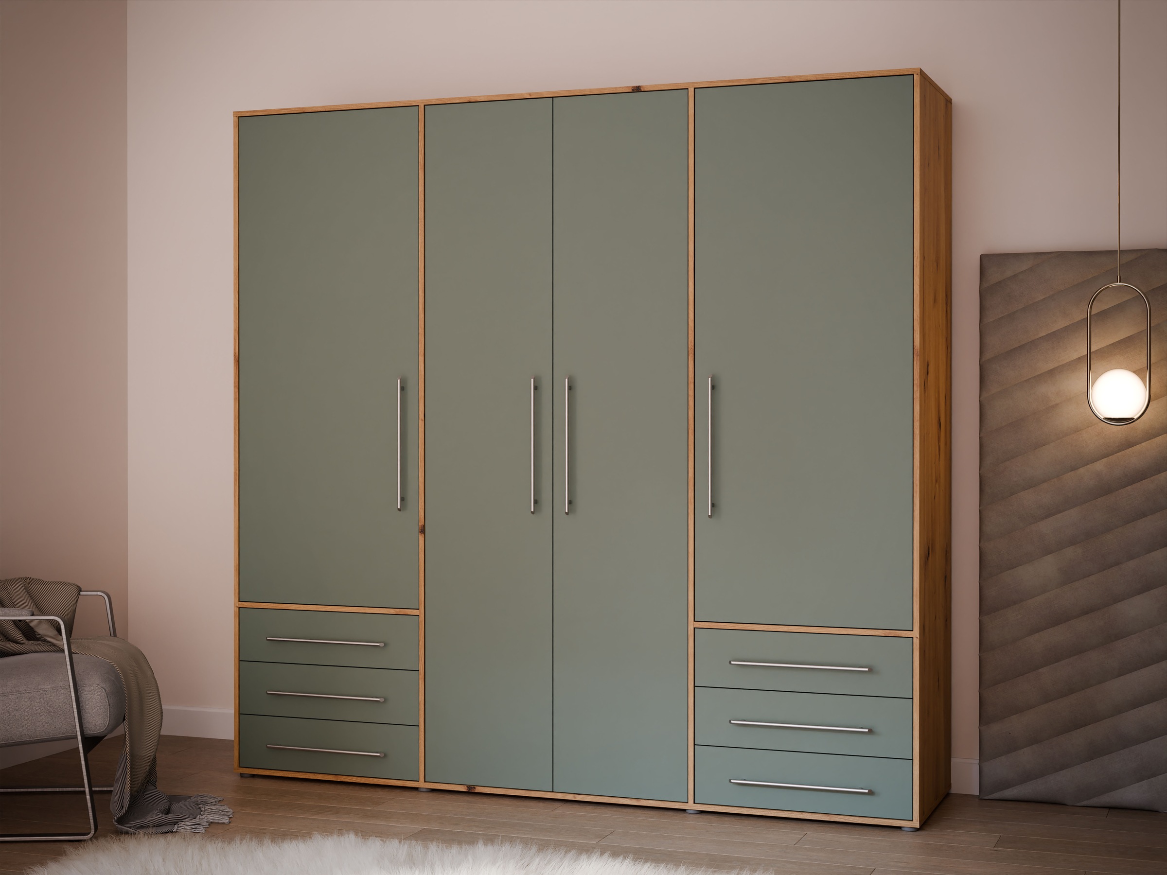Armoire 206 cm MOKKARO 4 portes 6 tiroirs vert sauge chêne