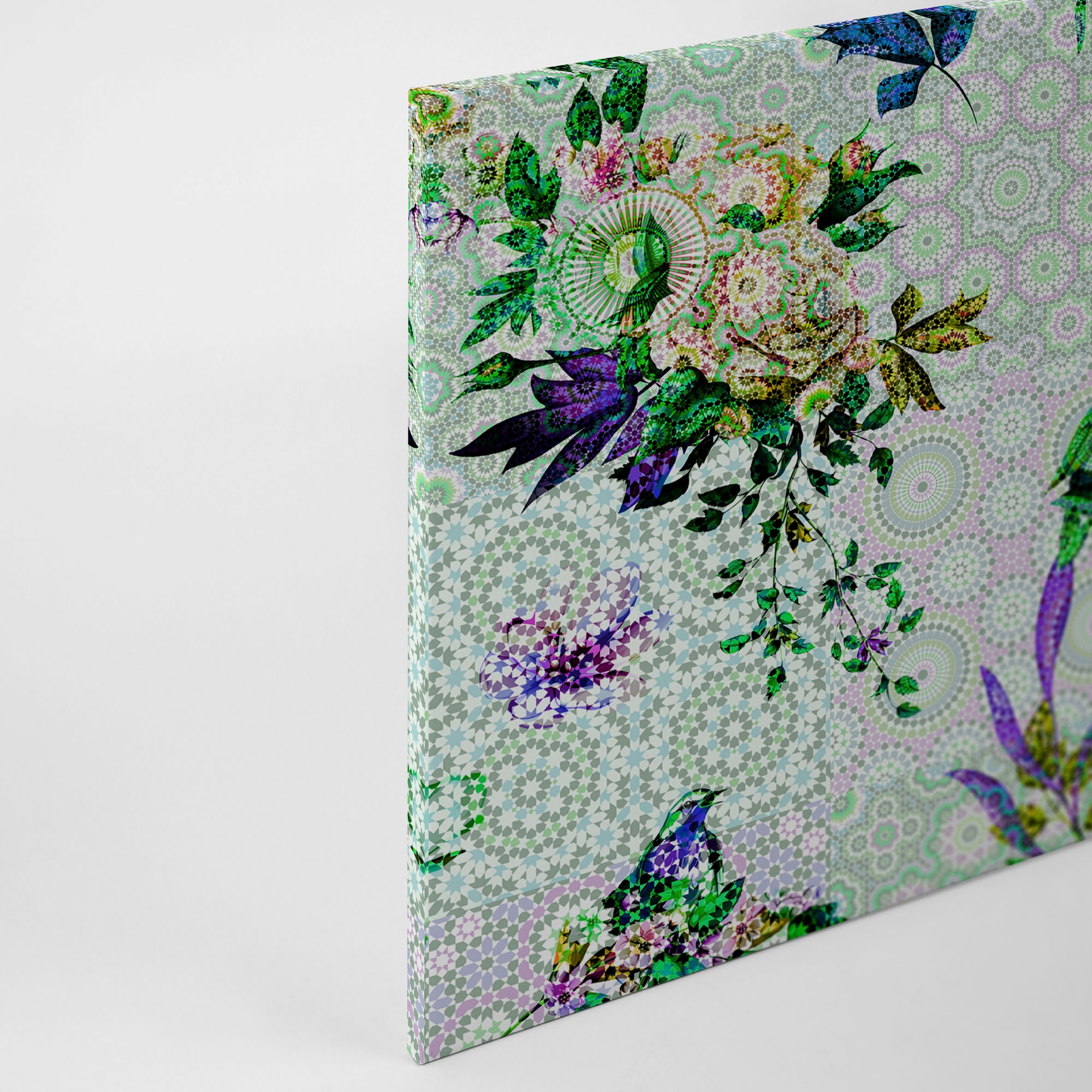 A.S. Création Leinwandbild »mosaic garden«, Kunst-Vögel-Kinder, (1 St.), Mosaik Keilrahmen Floral Blumen Vögel Leinwand-Bild Wohnzimmer modern