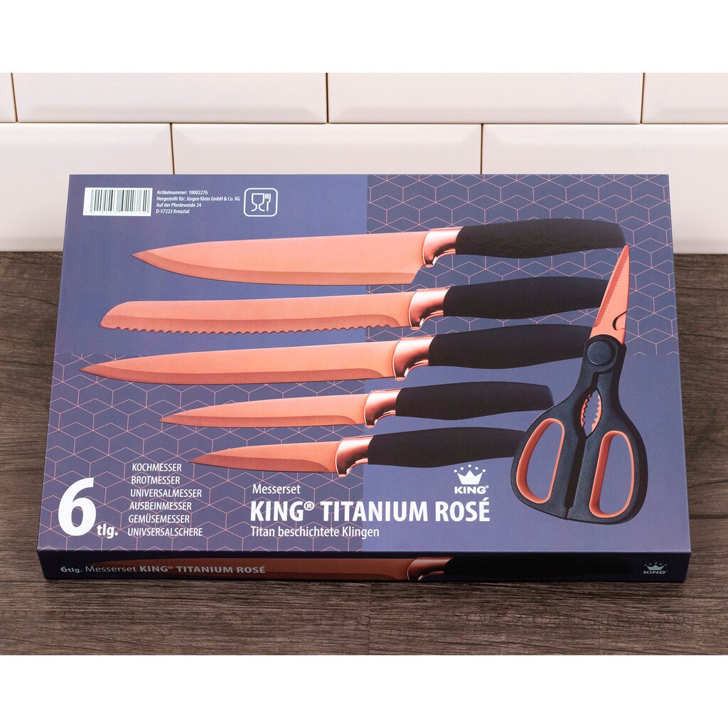 KING Messer-Set »TITANIUM ROSÉ«, (Set, 6 tlg.), 5 Küchenmesser, 1 Schere, beschichtete Messer- und Scherenklinge