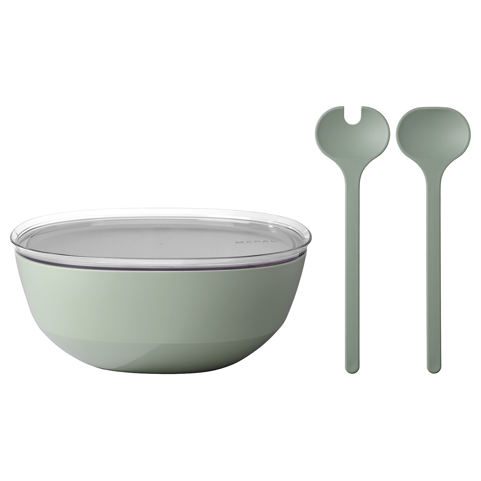 Schale MEPAL "Servierschale mit Deckel & Salatbesteck Silueta 5000 ml", grün (nordic sage), L:30,1cm, Schüsseln, Salatschüssel Servierschale