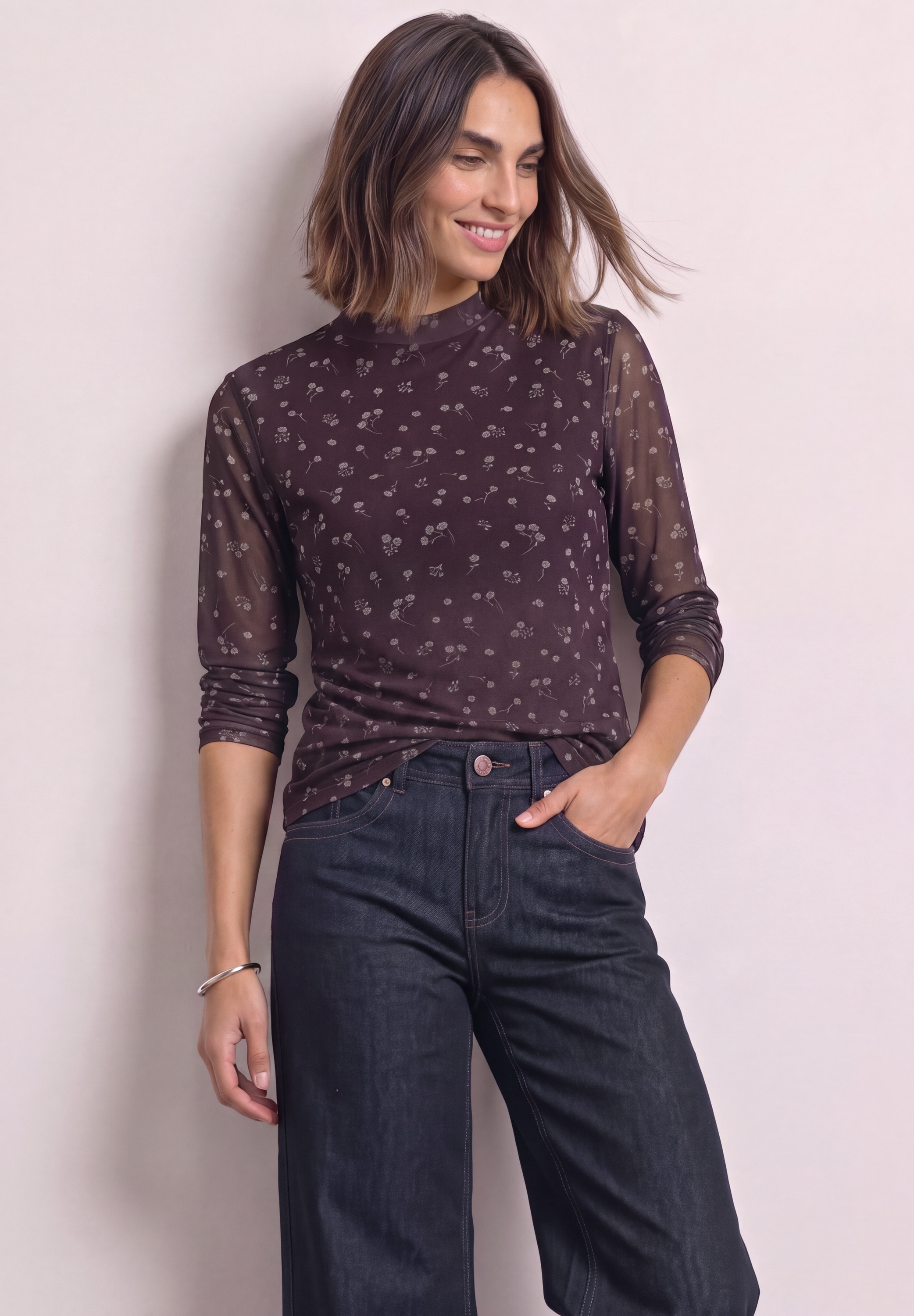STREET ONE Langarmshirt Mesh-Shirt mit Rundhals und Prints